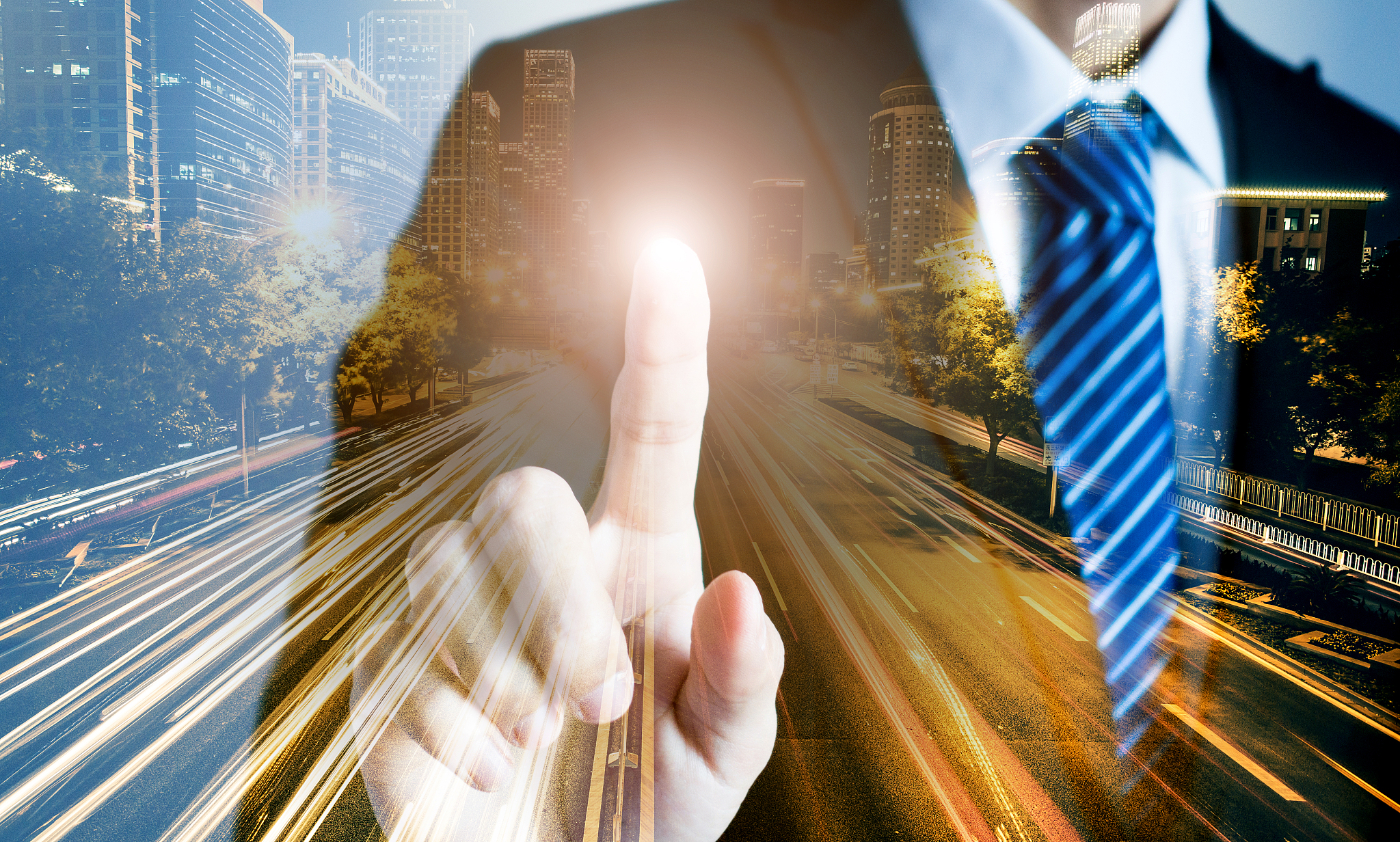 city double exposure concept with businessman finger pointing