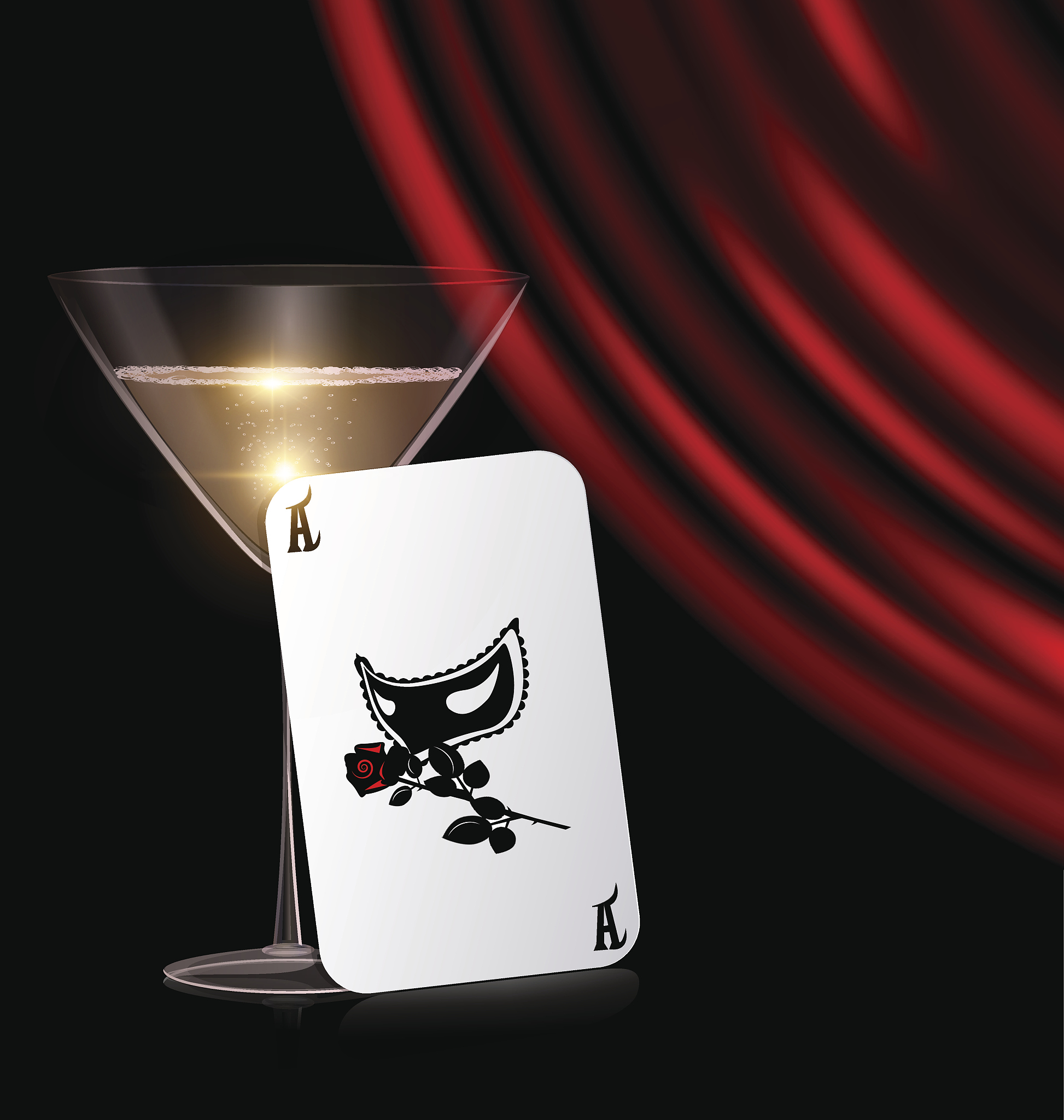 games card, glass and red drape