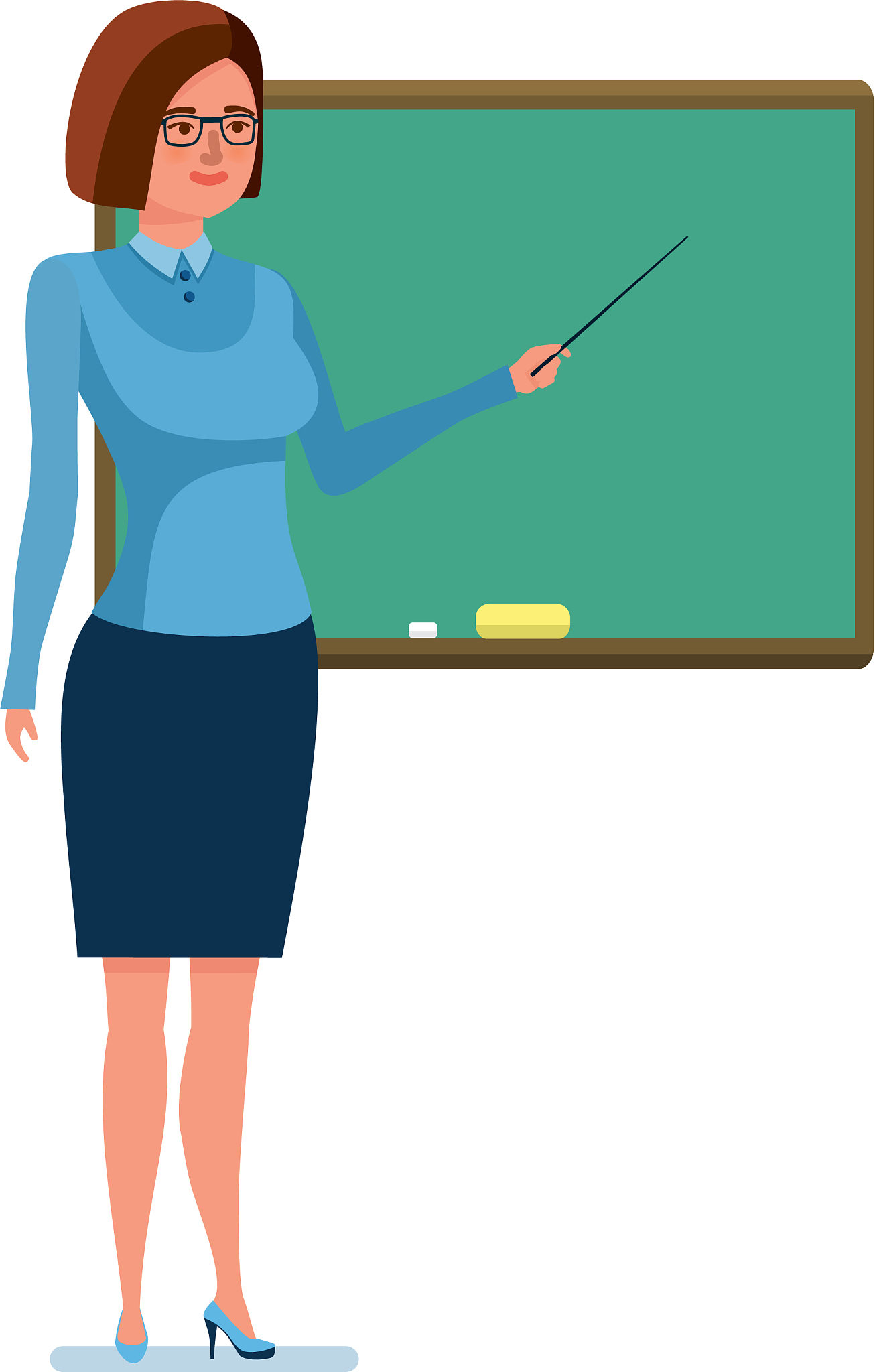 girl teacher with school pointer in hand next to