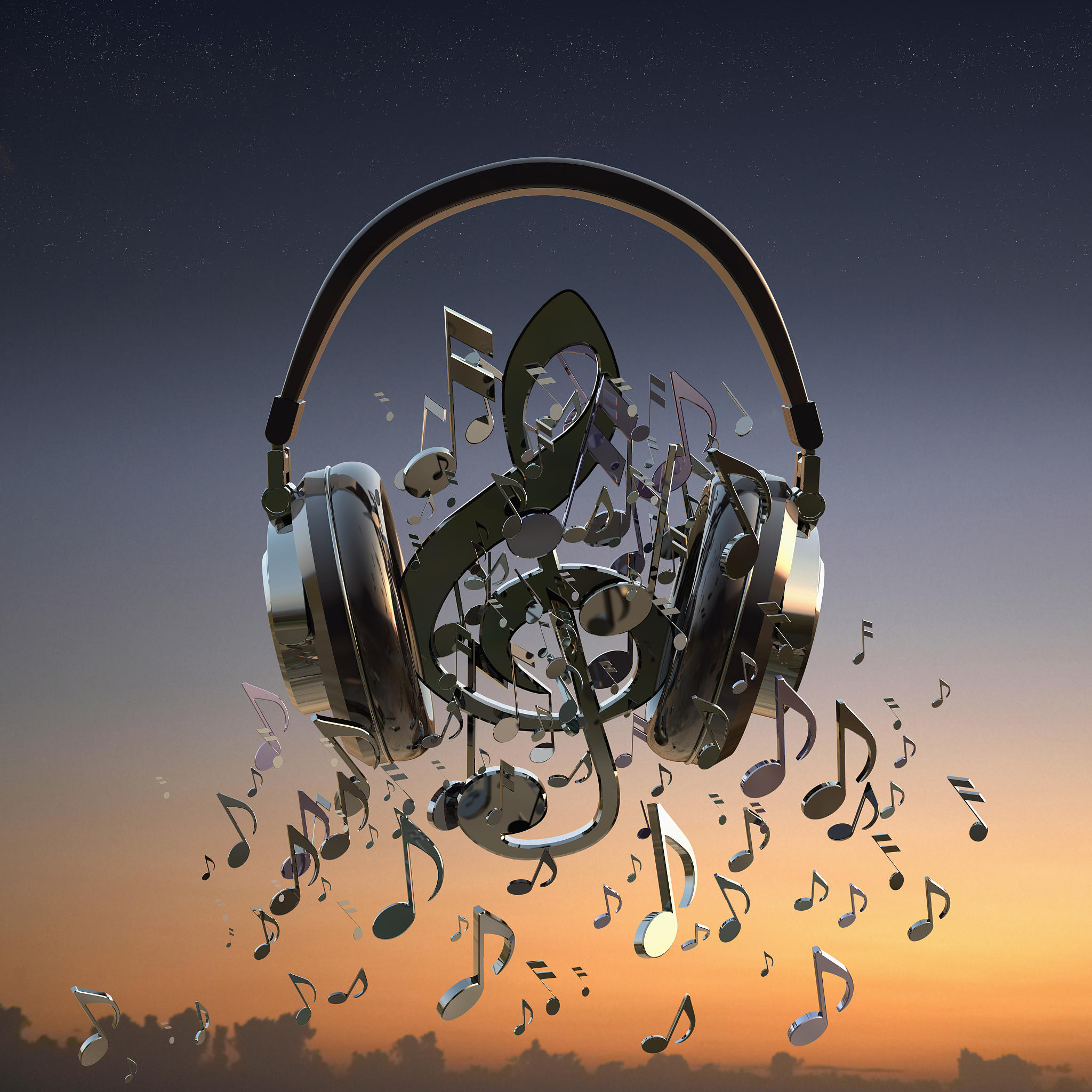 headphones blaring musical notes