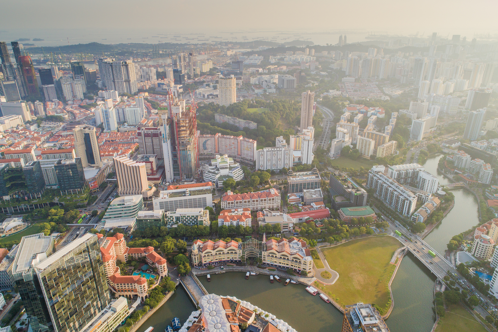 aerial wide cityscape view of skyline in singapore downtown cbd 