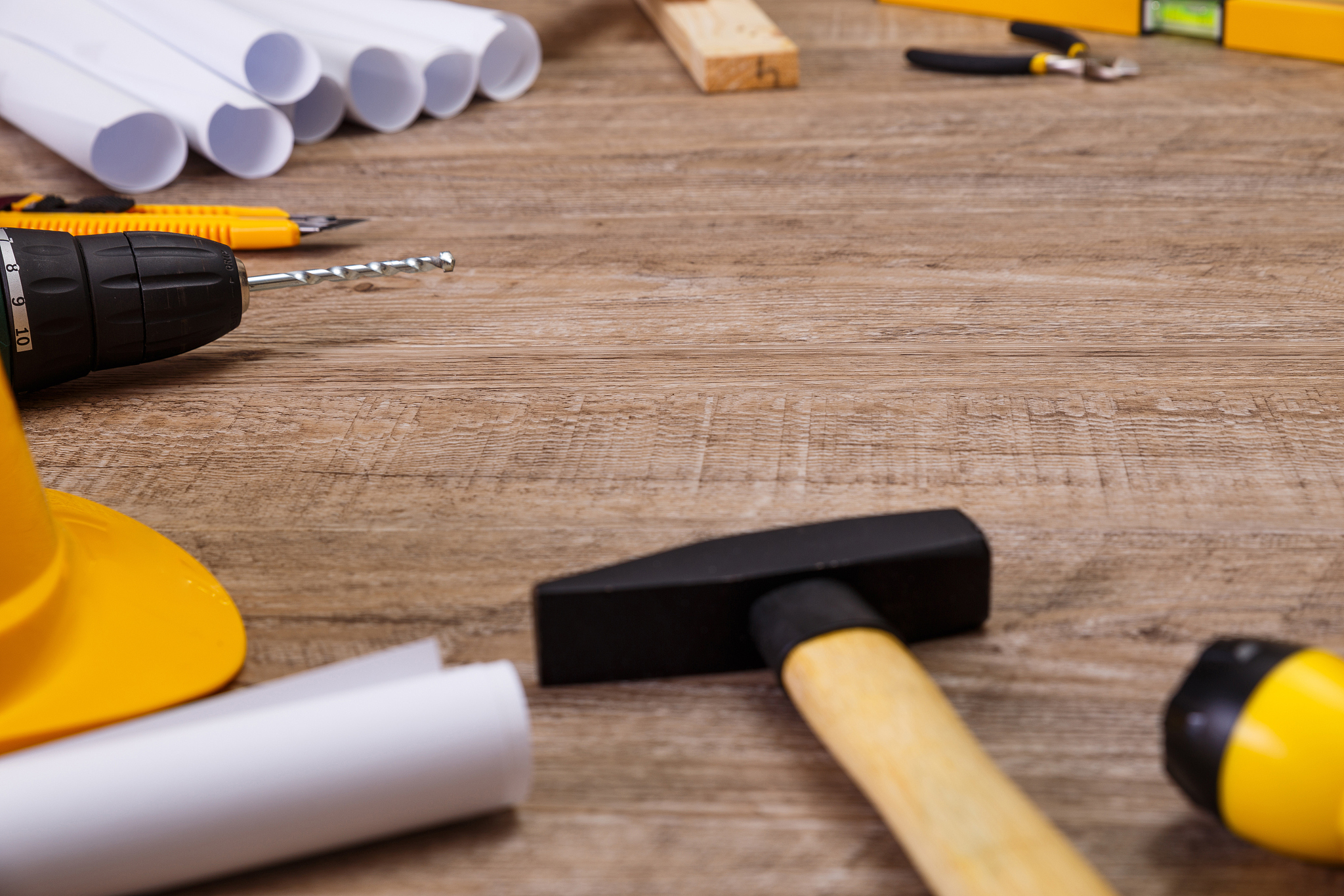 hammer, helmet and building level. construction.