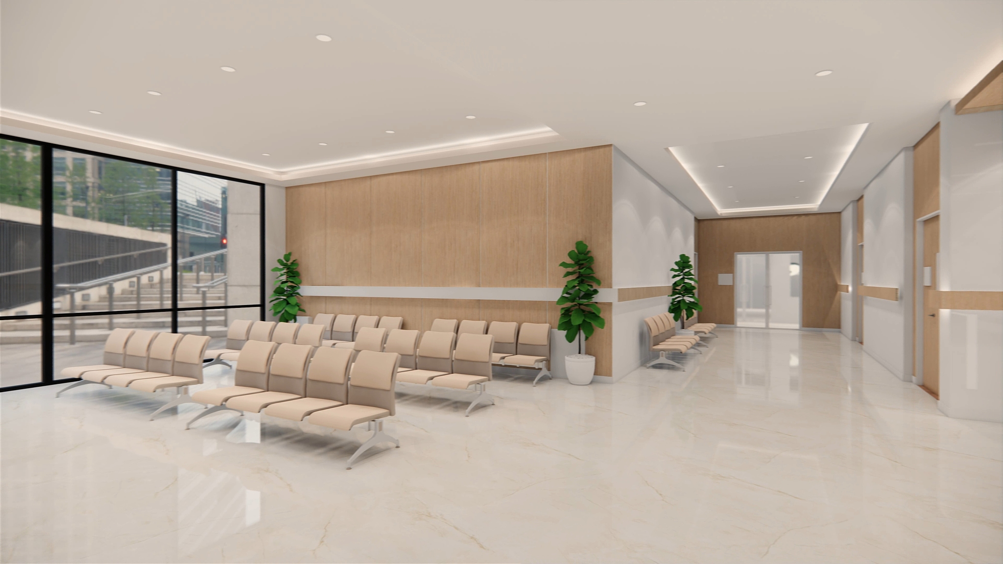 3d rendering. interior hospital modern design . row of empty hos