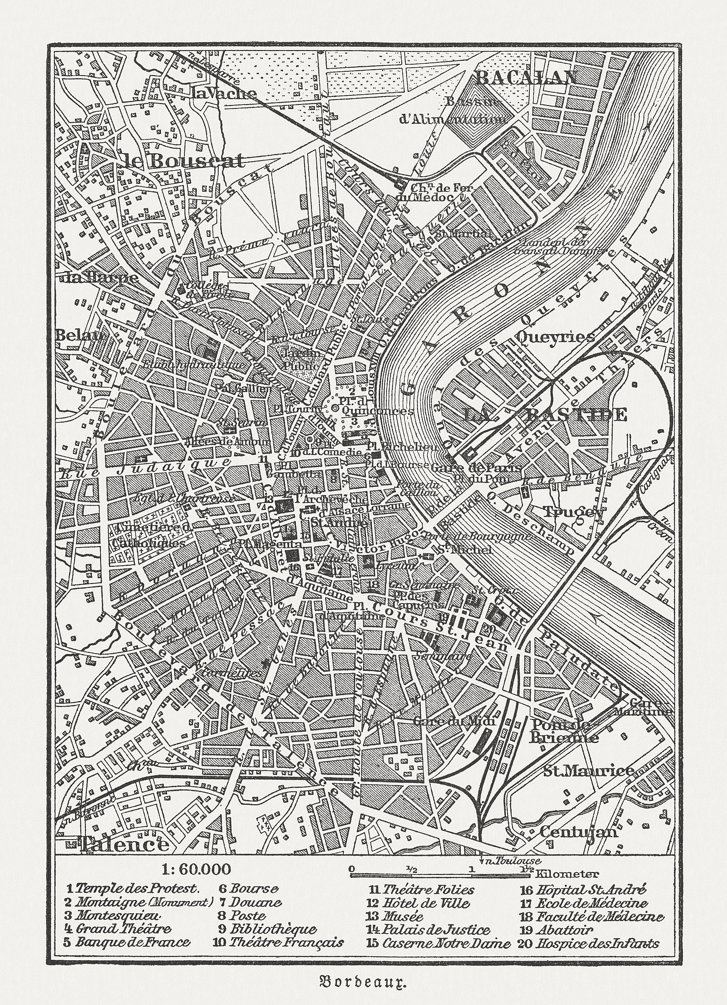 city map of bordeaux, france, wood engraving, published in 1897