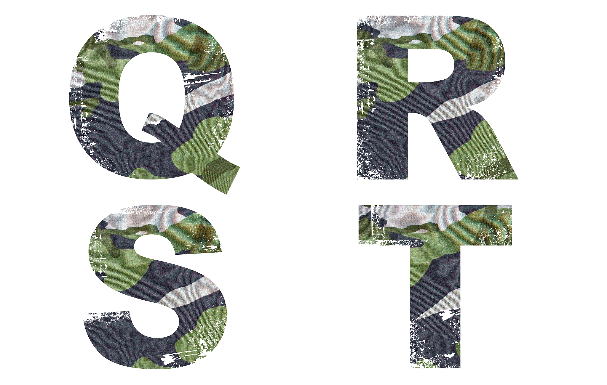 q, r, s, t alphabet from military fabric texture.