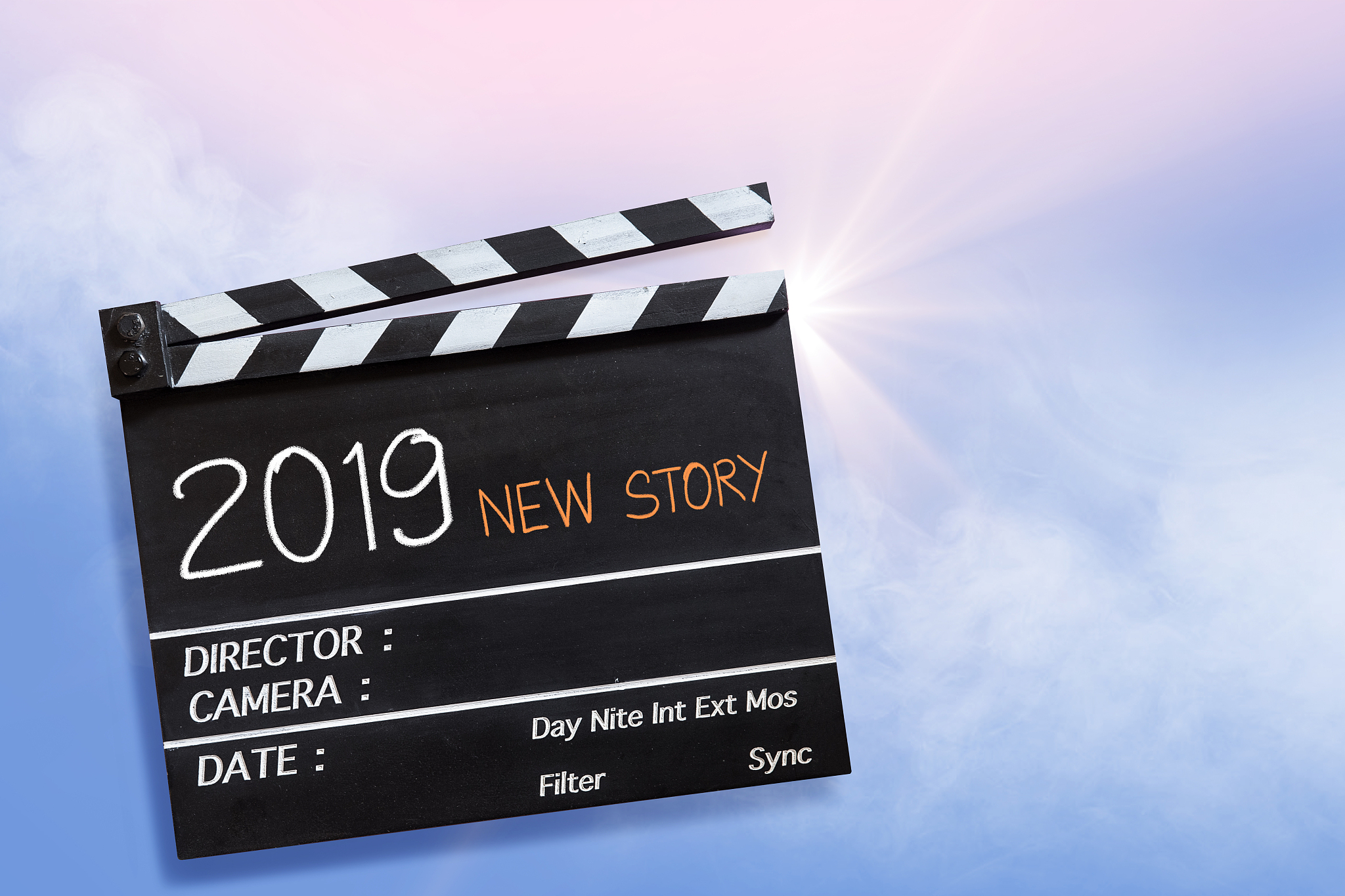 2019 story ,text title on movie clapper board