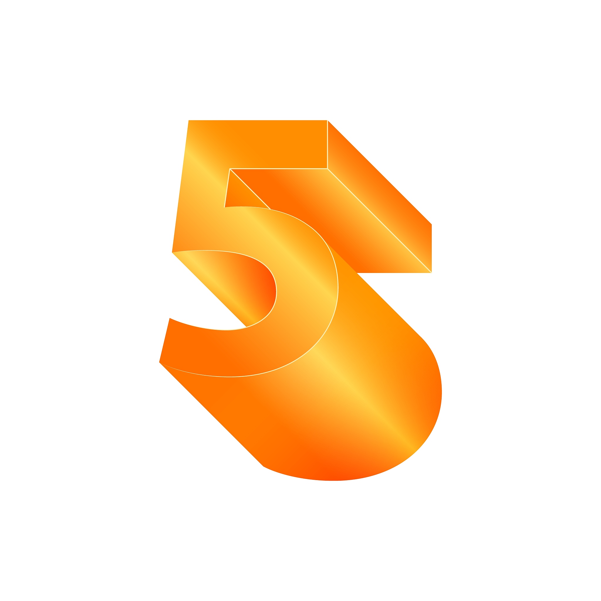 3d number 5. volumetric orange figure with a metallic sheen.