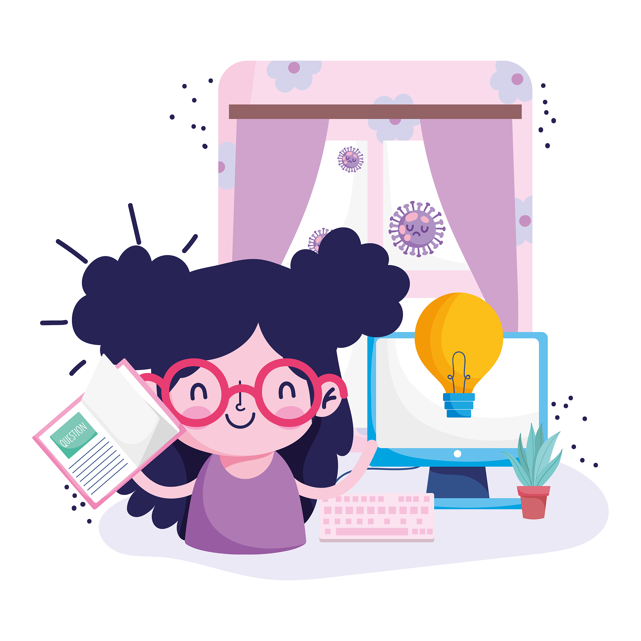 education online, cute girl with book computer plant in room, co