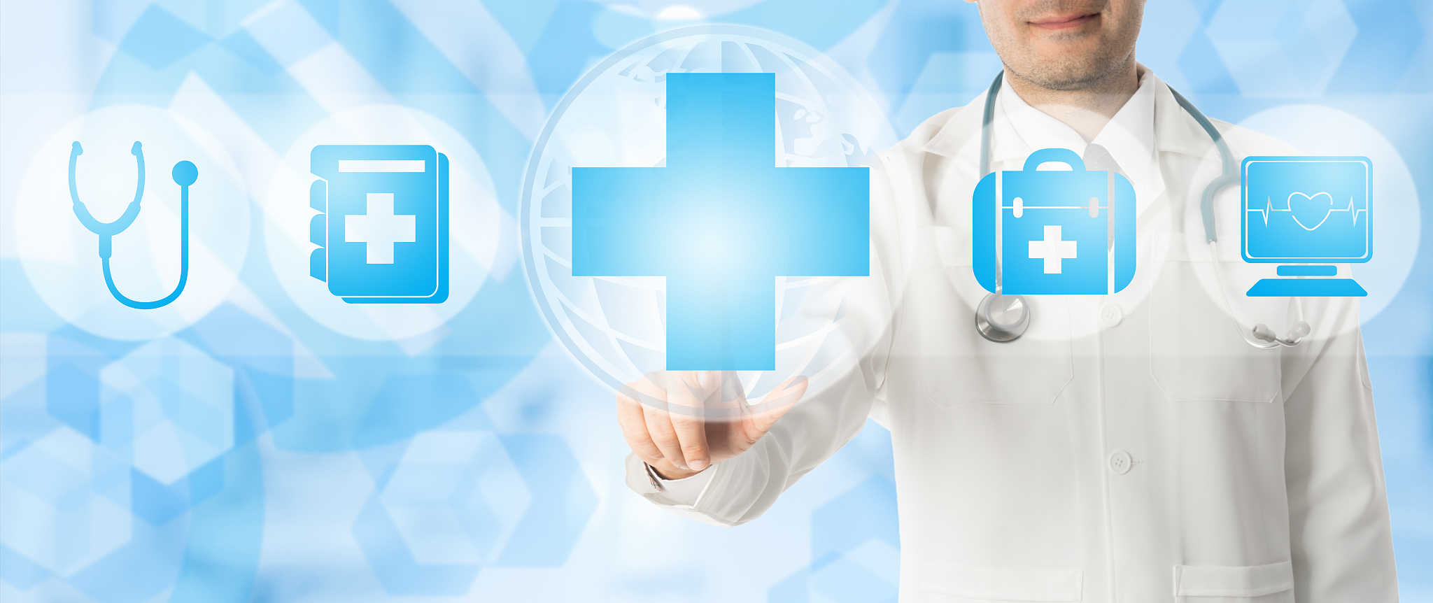 doctor points at medical cross with medical icons.