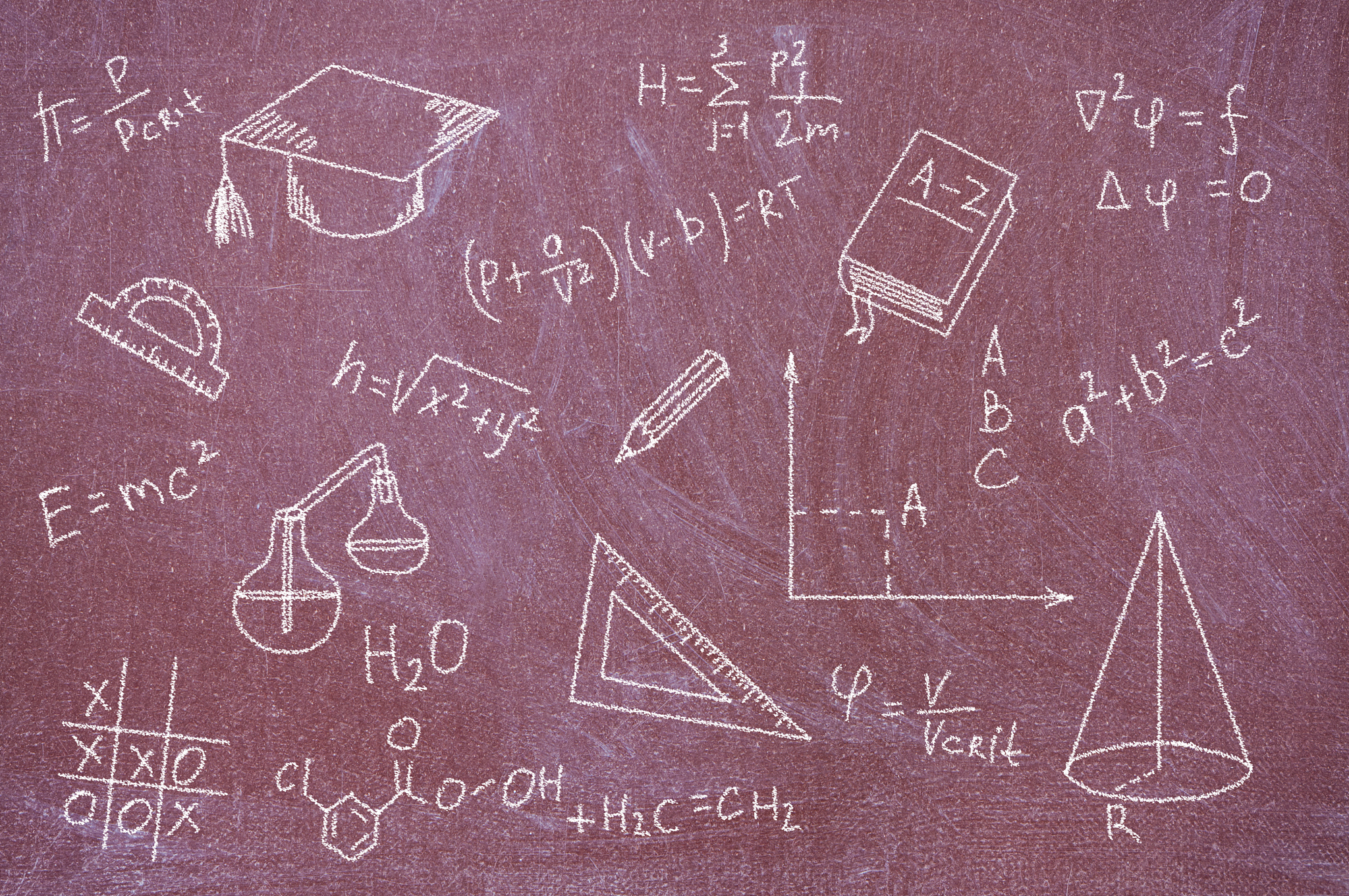 formulas and equations written on blackboard.