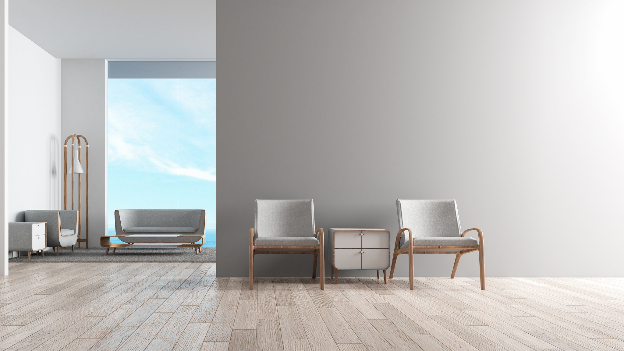 modern interior living room wood floor with sofa set. wating cha