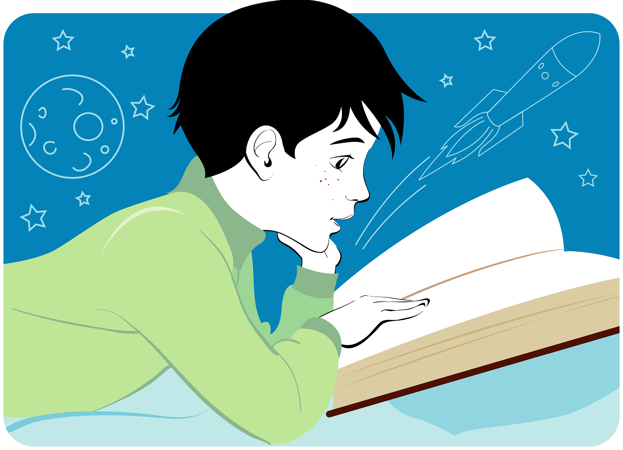 boy reading book, resting chin on hand, side view