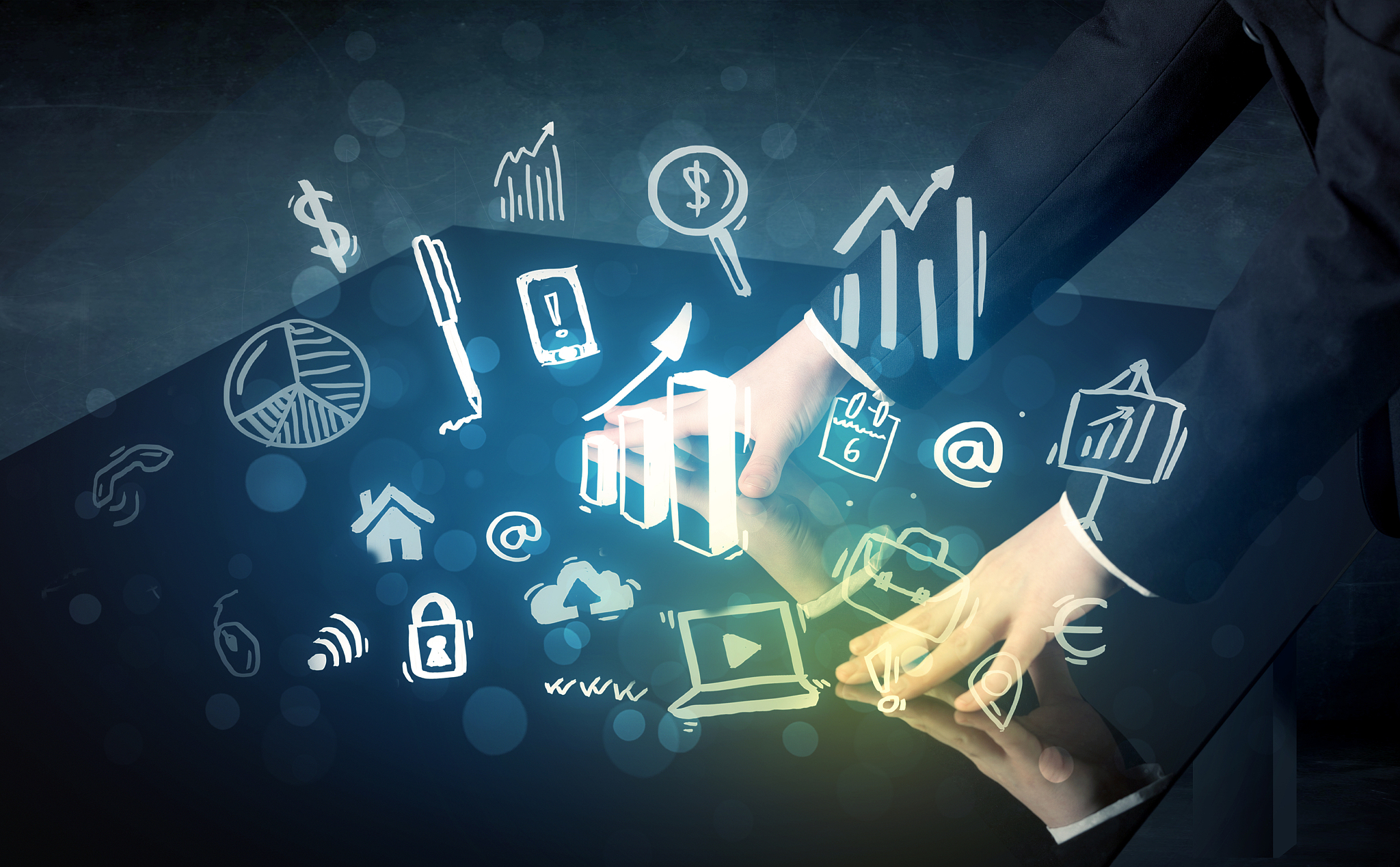 man touching technology smart table with business icons