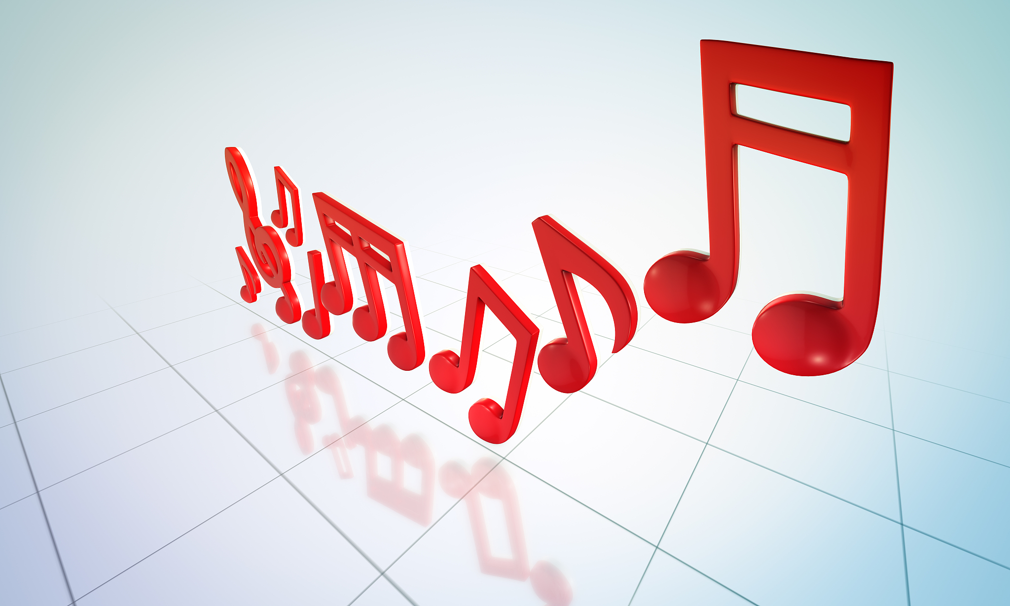 red music notes turquoise background- 3d