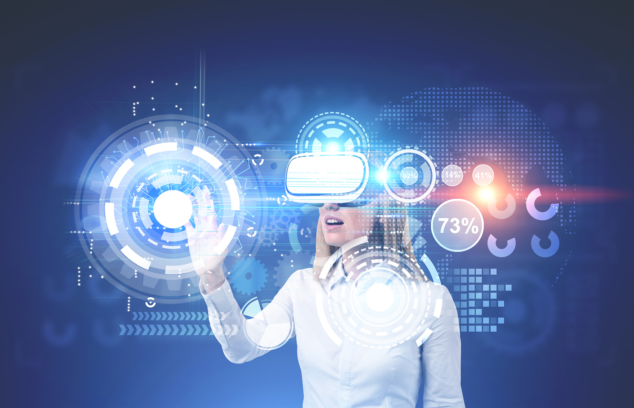 woman in vr glasses, hud and graphs
