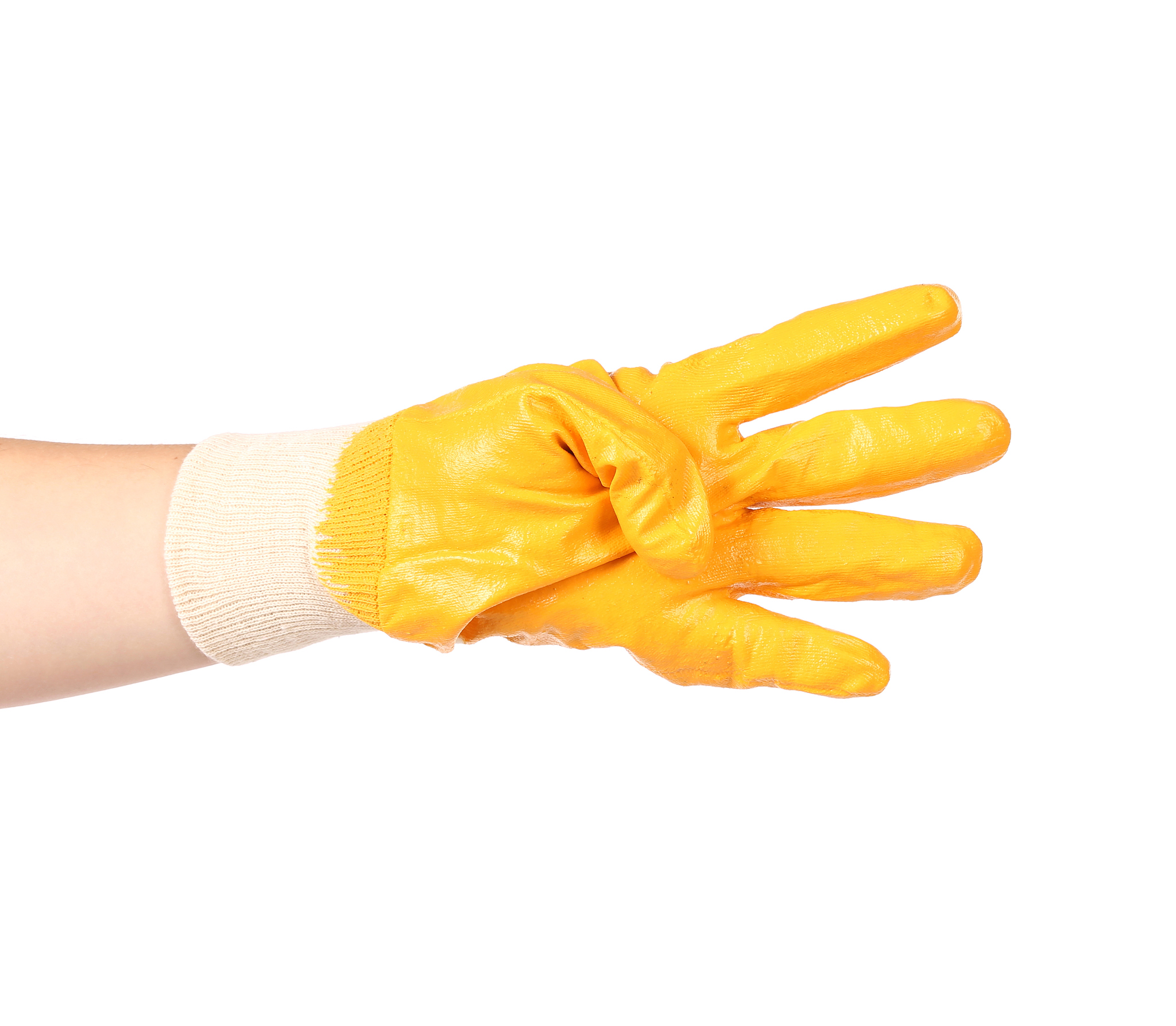 hand in rubber glove showing four.