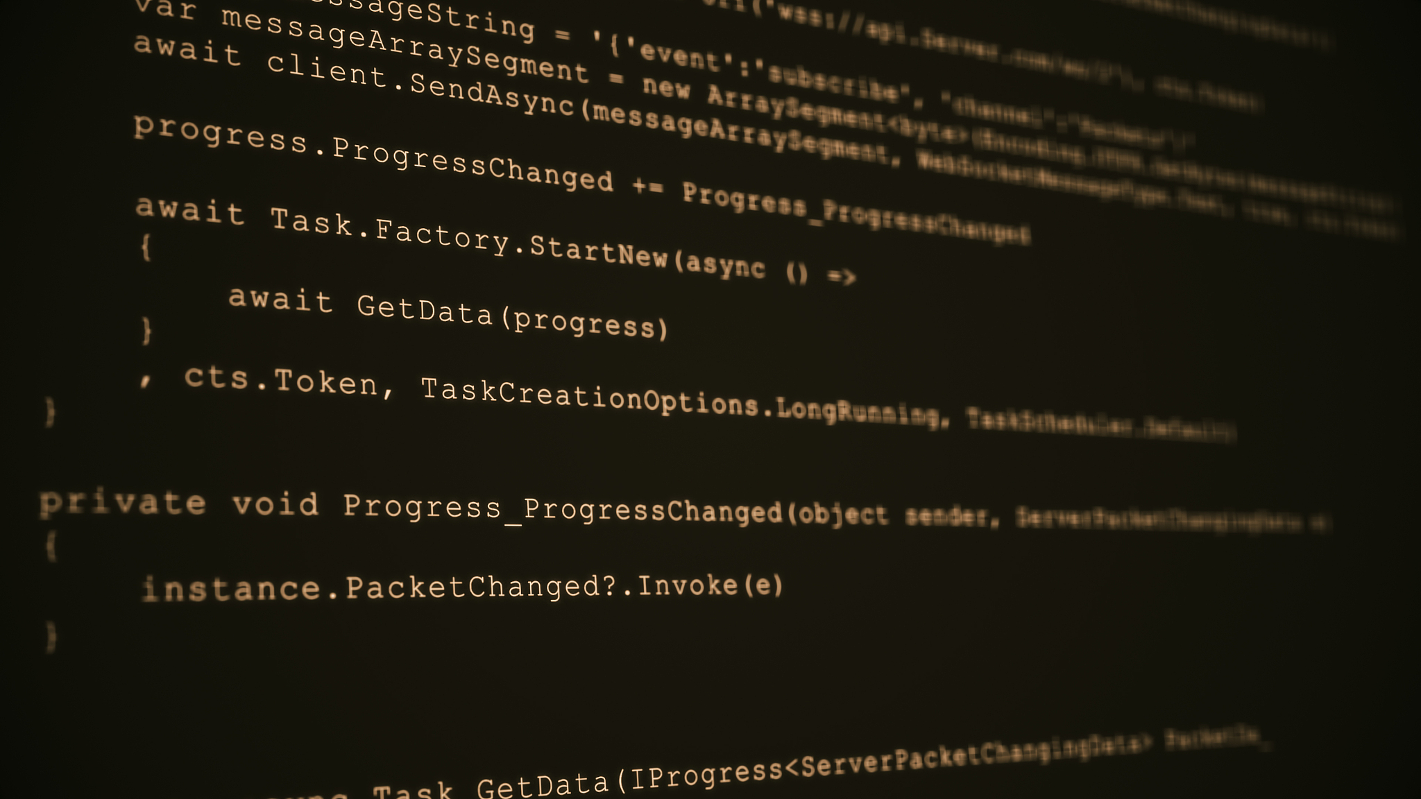 3d hacking code data flow stream on sepia. screen with typing co