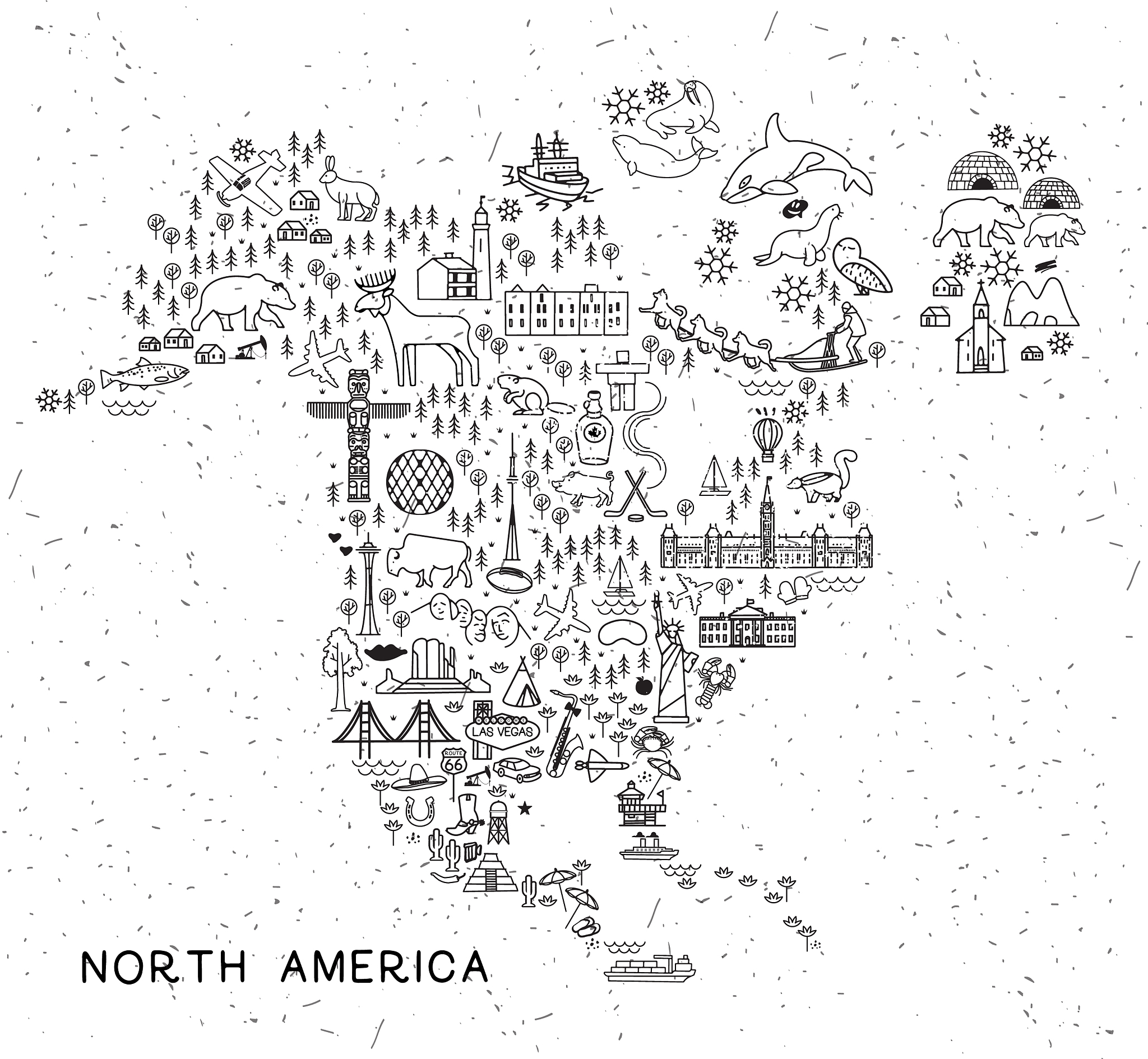 north america travel line icons map travel poster