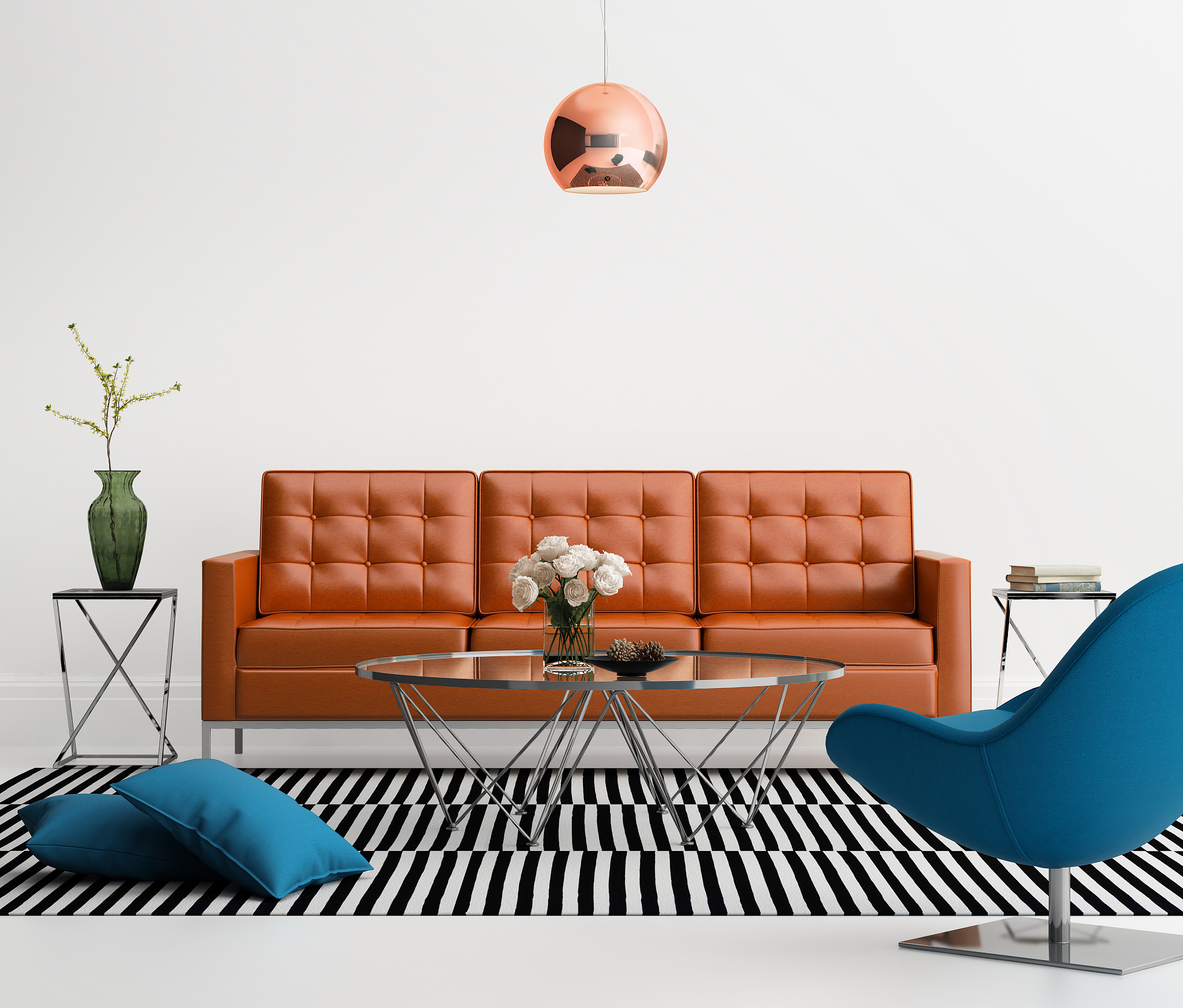 contemporary living room with orange leather sofa