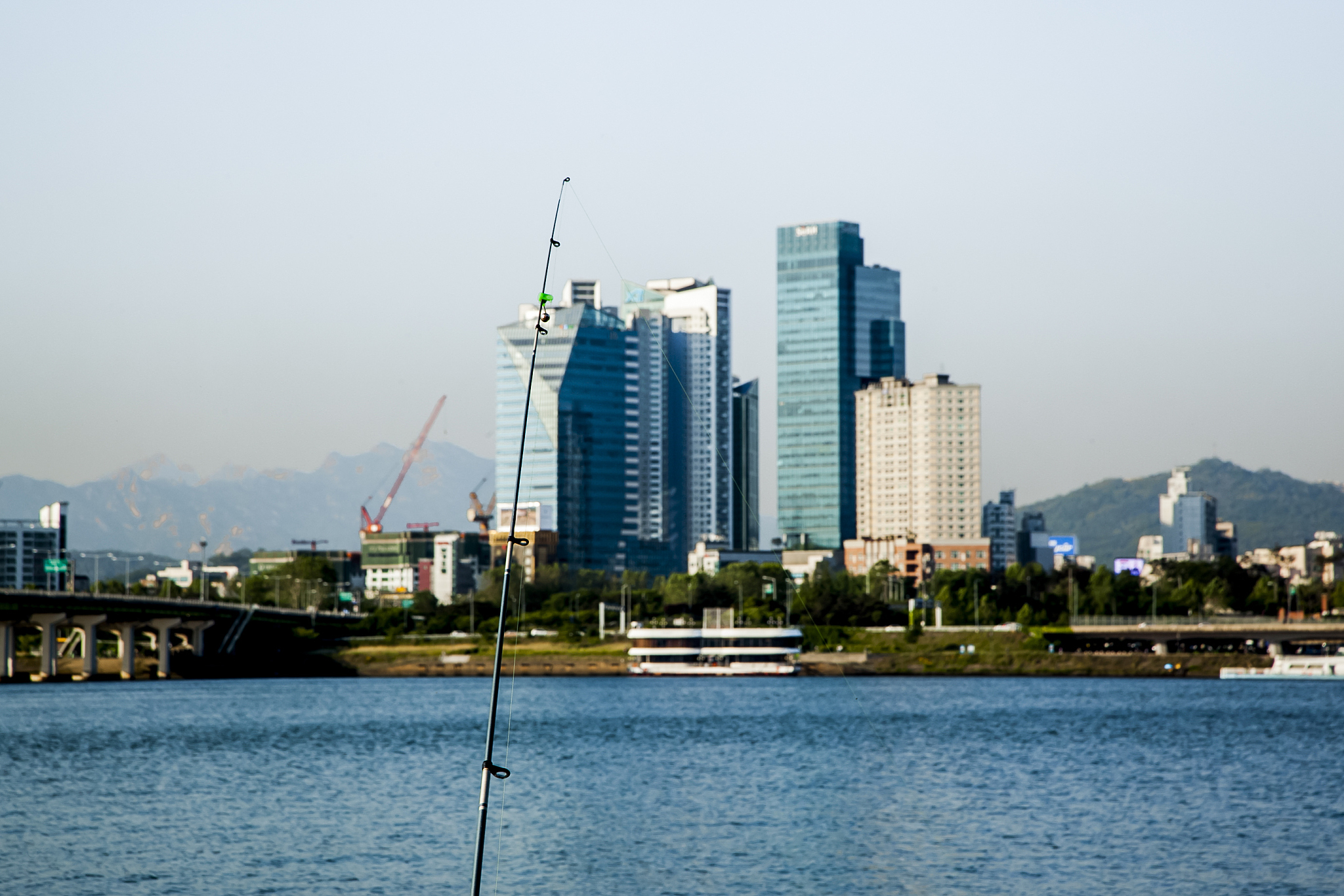 view of city buildings by sea