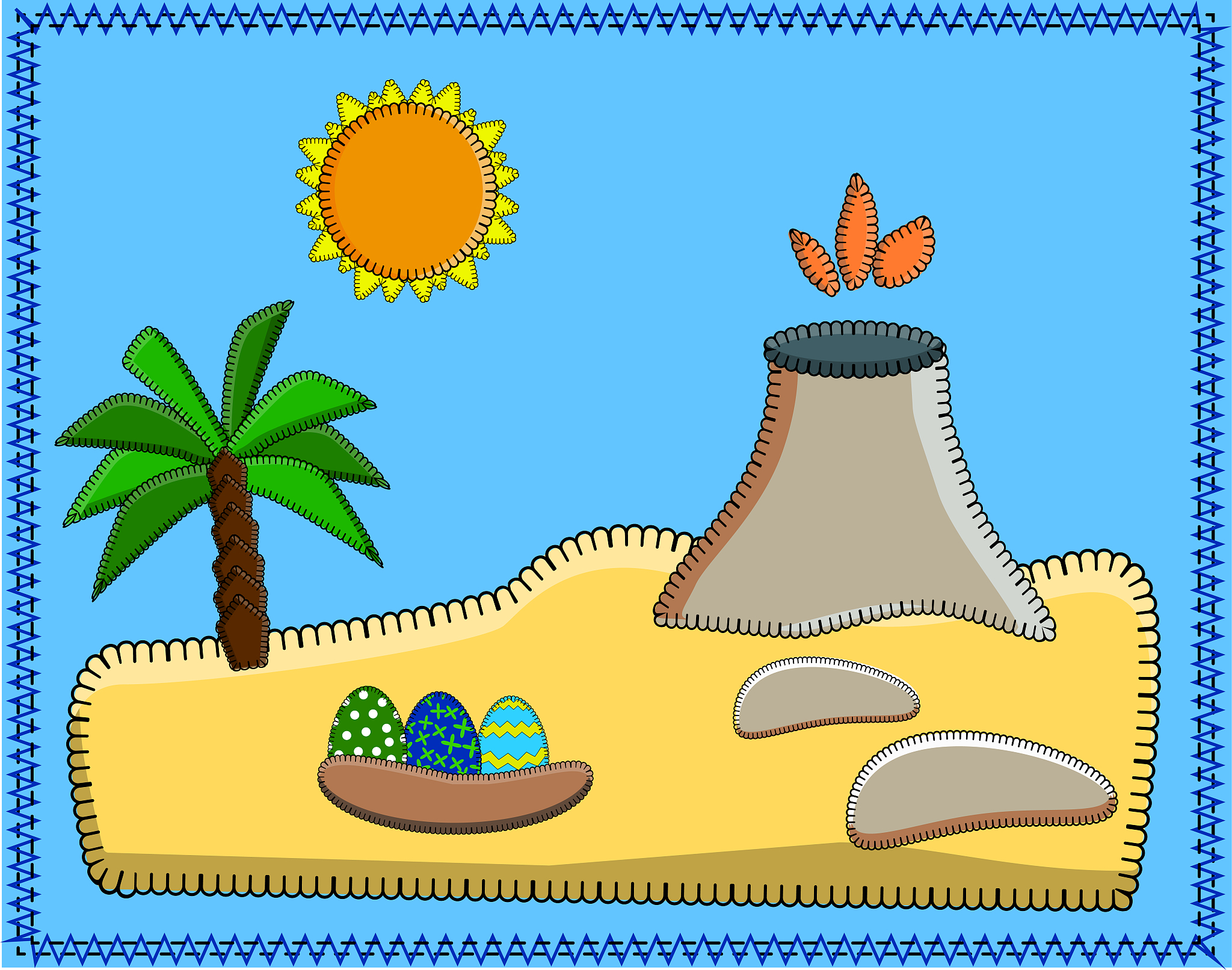 landscape with the island. volcano, palm trees, sand, stones, su