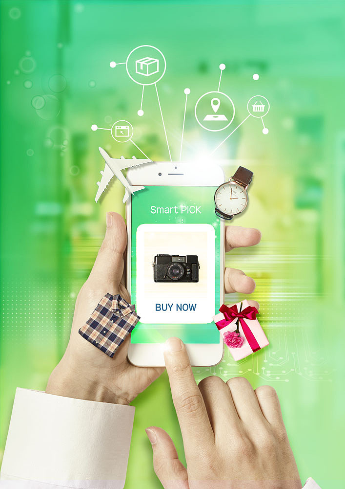 mobile shopping theme composite image with hand holding mobile d