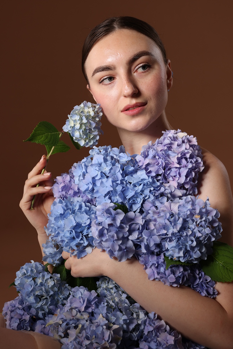 背景为棕色的绣球花美女
