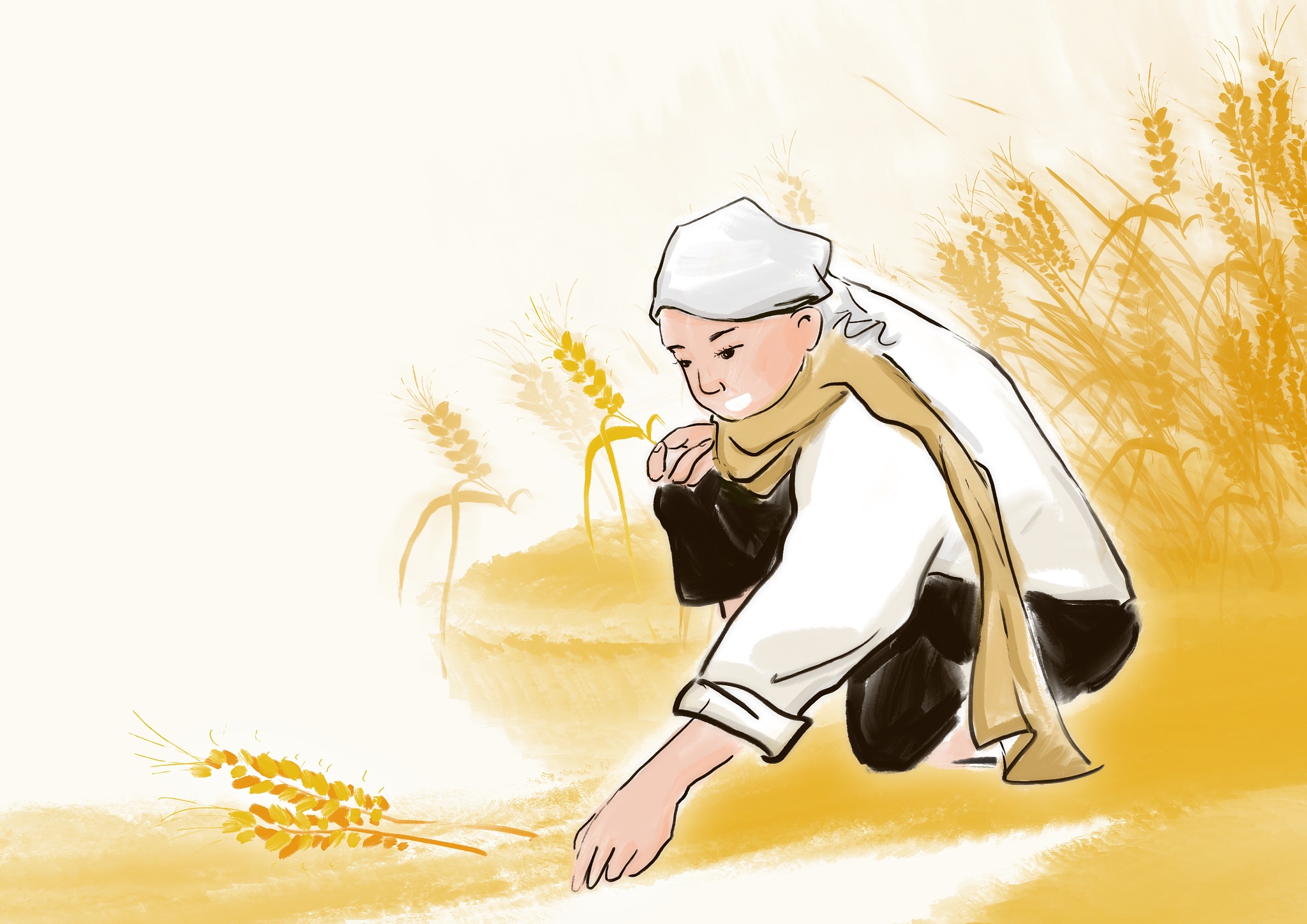 锄禾日当午汗滴禾下土。谁知盘中餐粒粒皆辛苦。翻译全部要押韵。