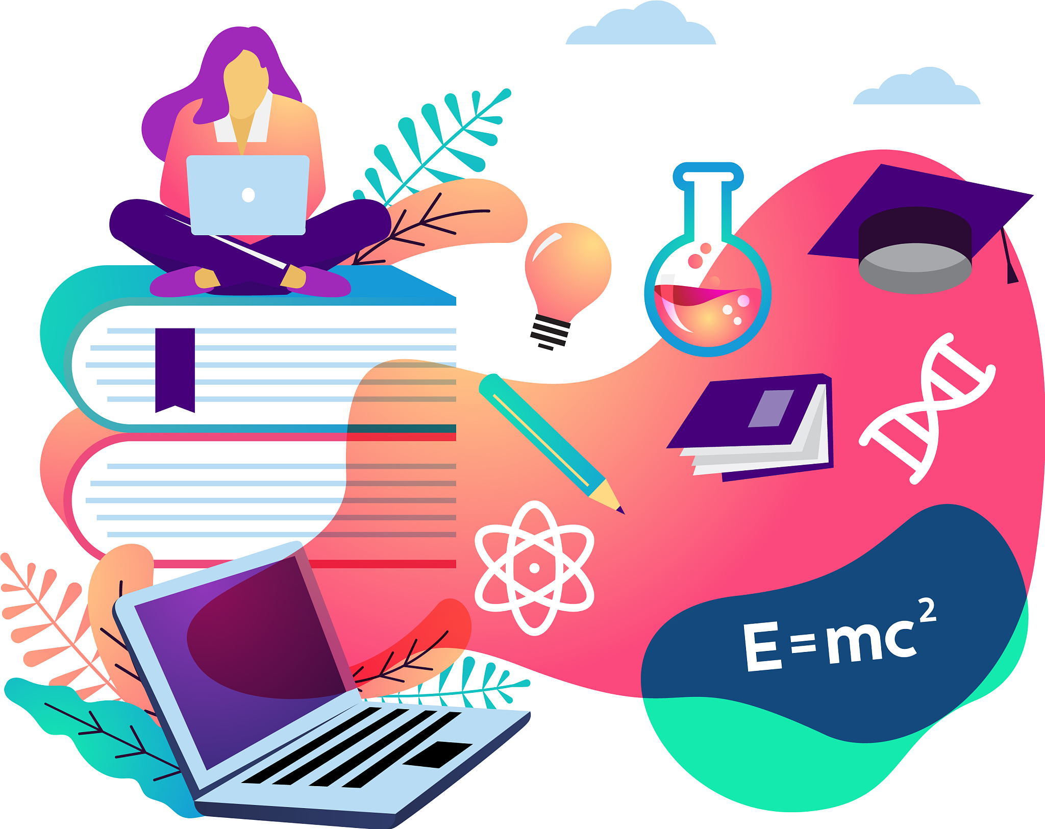 e learning concept student sitting on books with