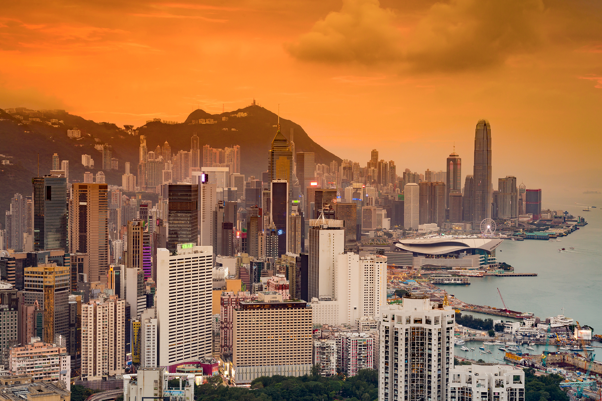 sunset over hong kong central business downtown
