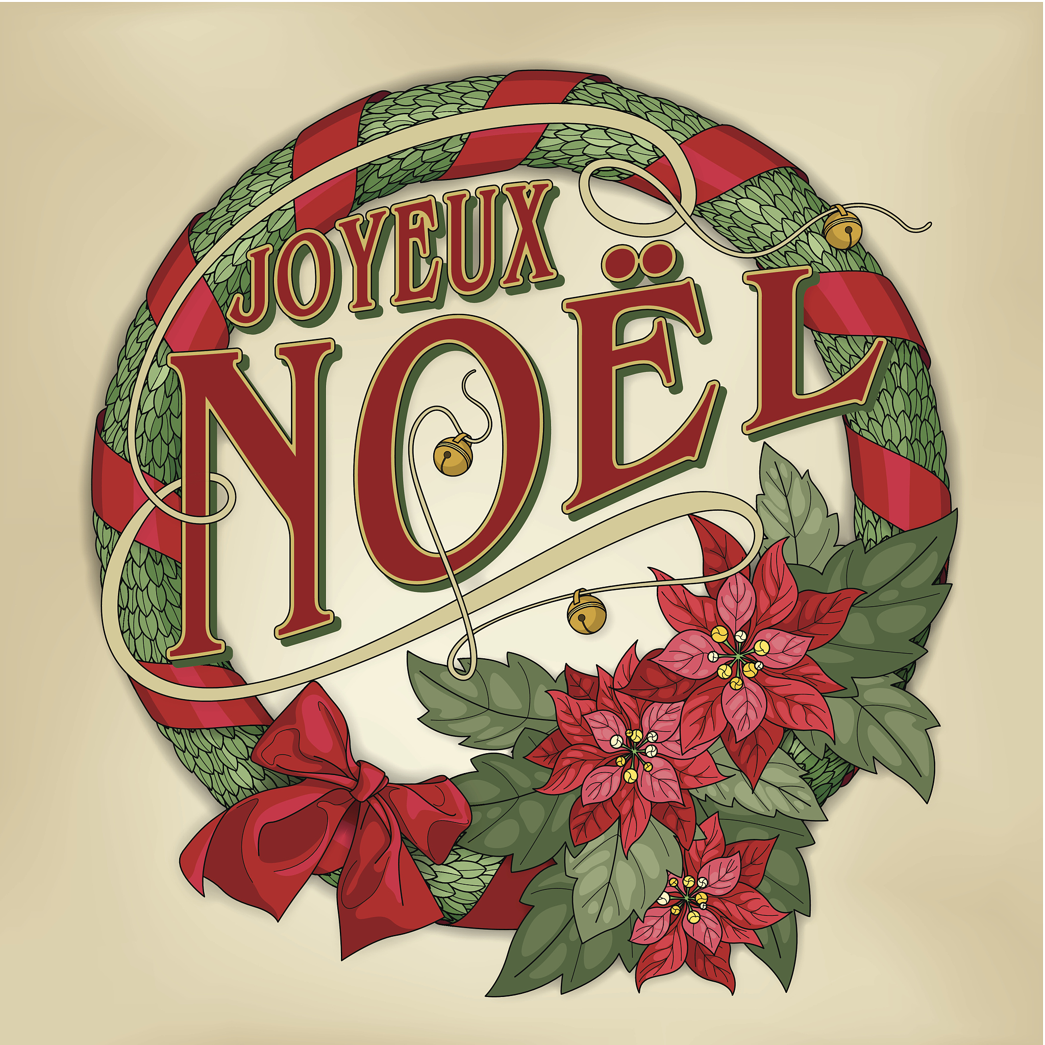 joyeux nol wreath with red poinsettias (christmas card calligrap