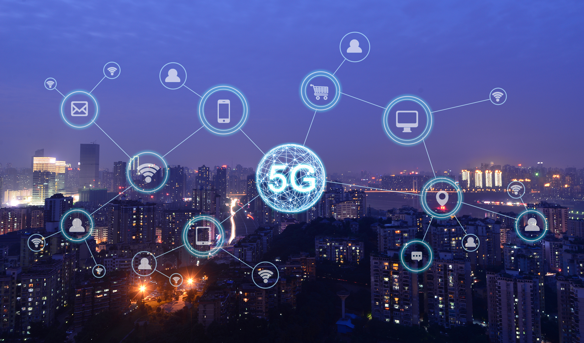 wireless communication network concept.panorama of modern city