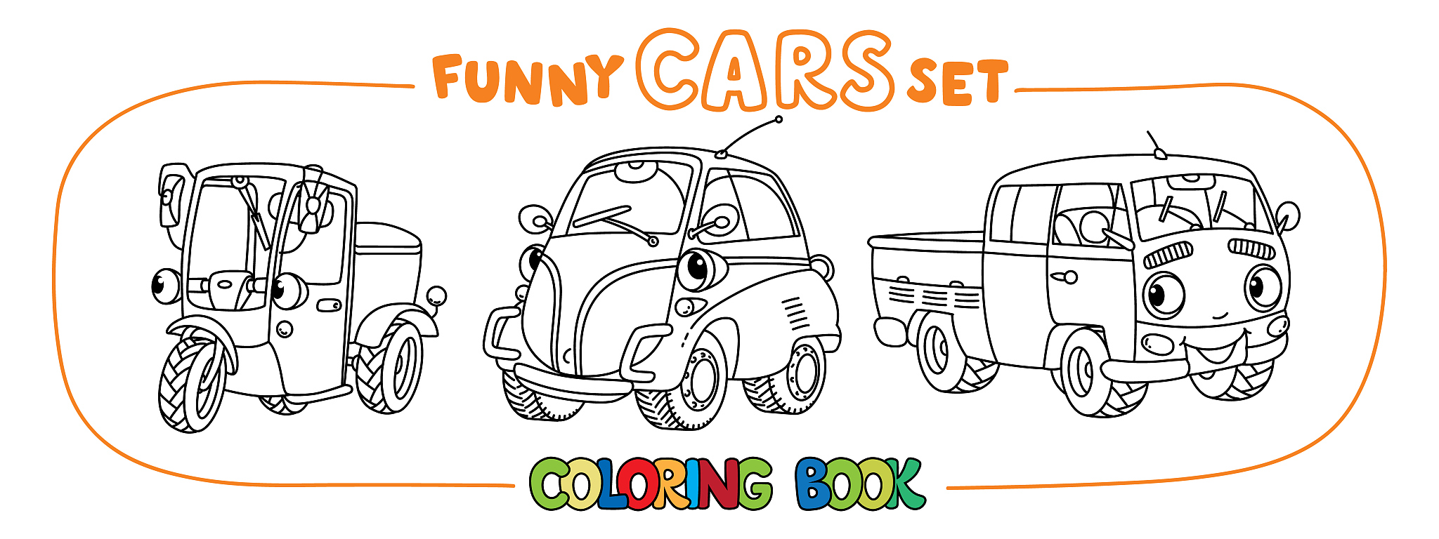 funny small city cars with eyes. coloring book set