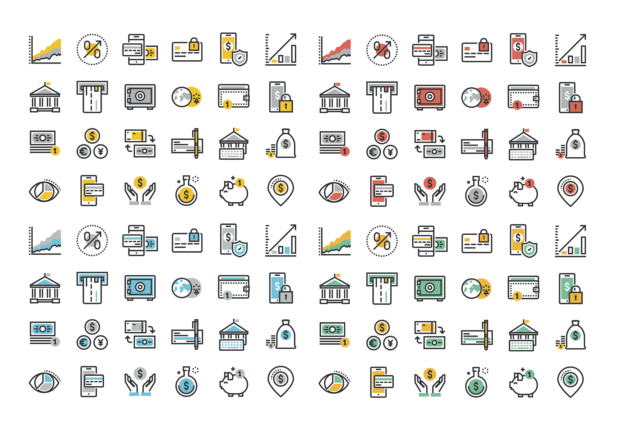 flat line colorful icons collection of banking and e-banking