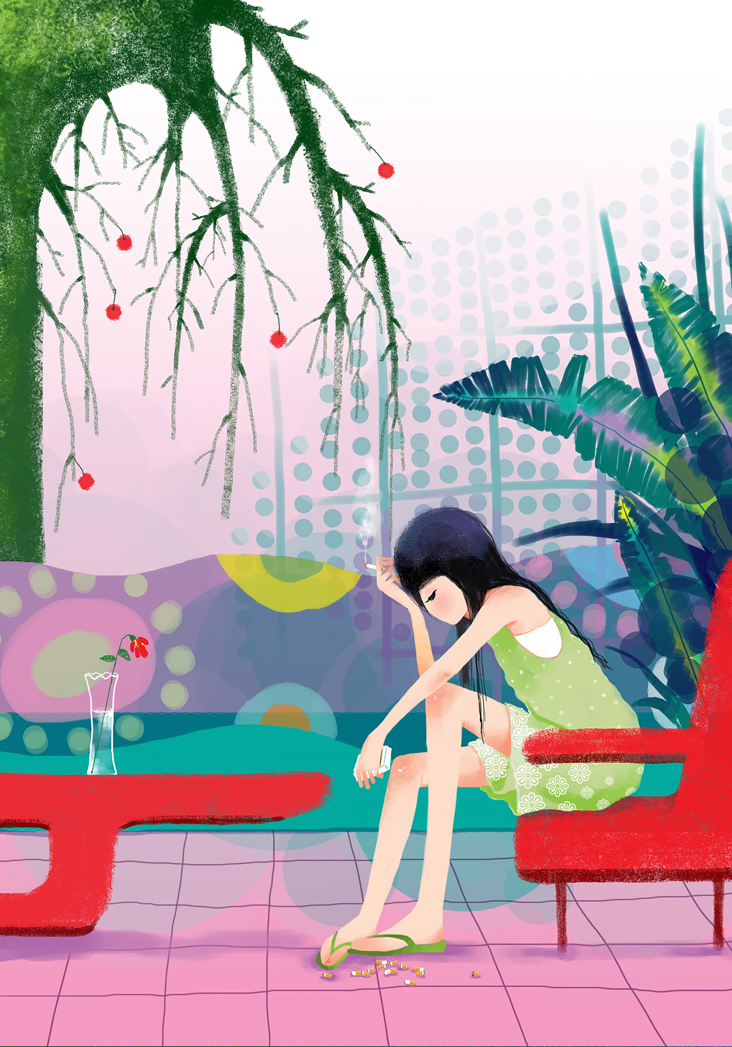 唯美时尚人物插画-坐在沙发上低头抽烟的女人