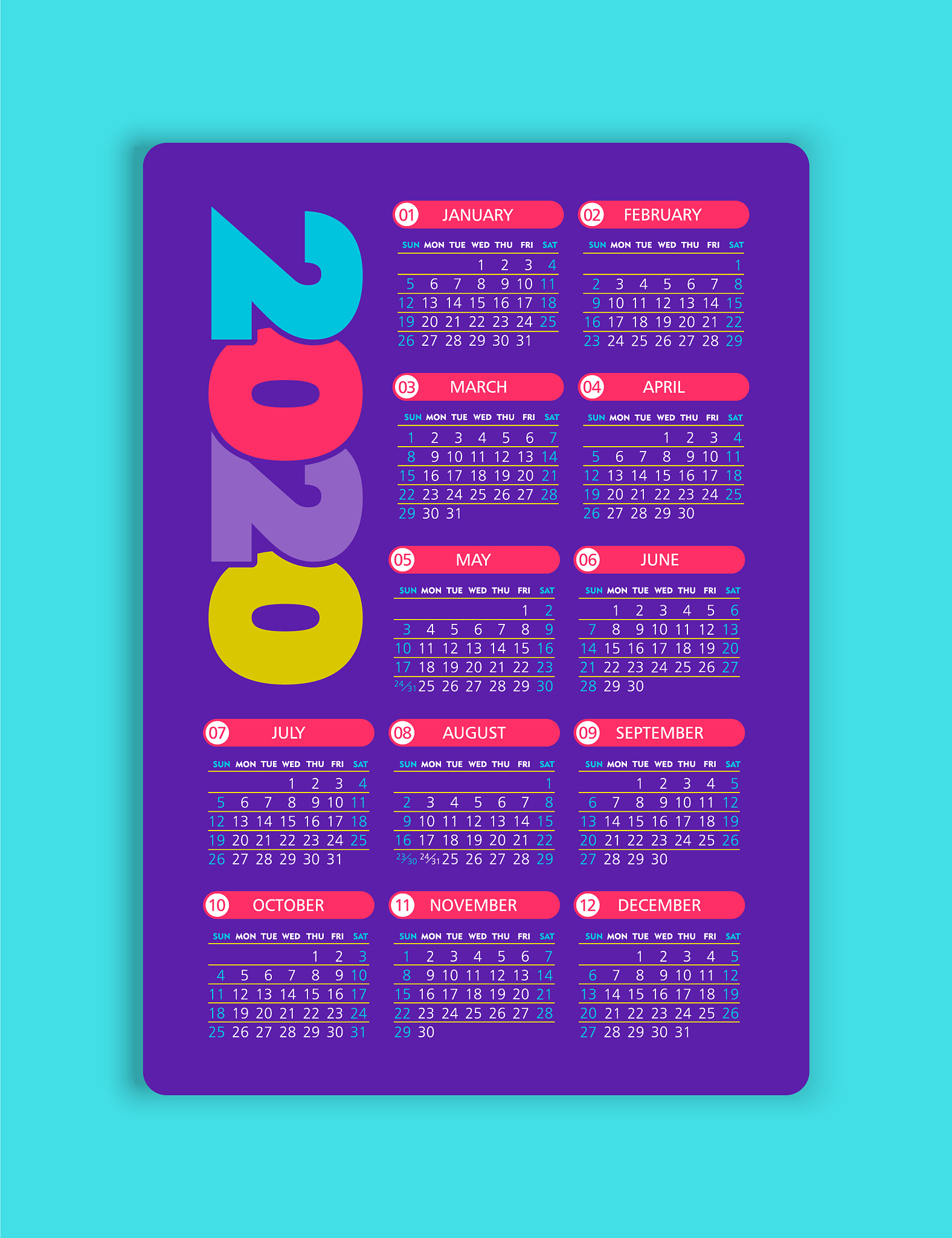 calendar 2020 year week starts from sunday