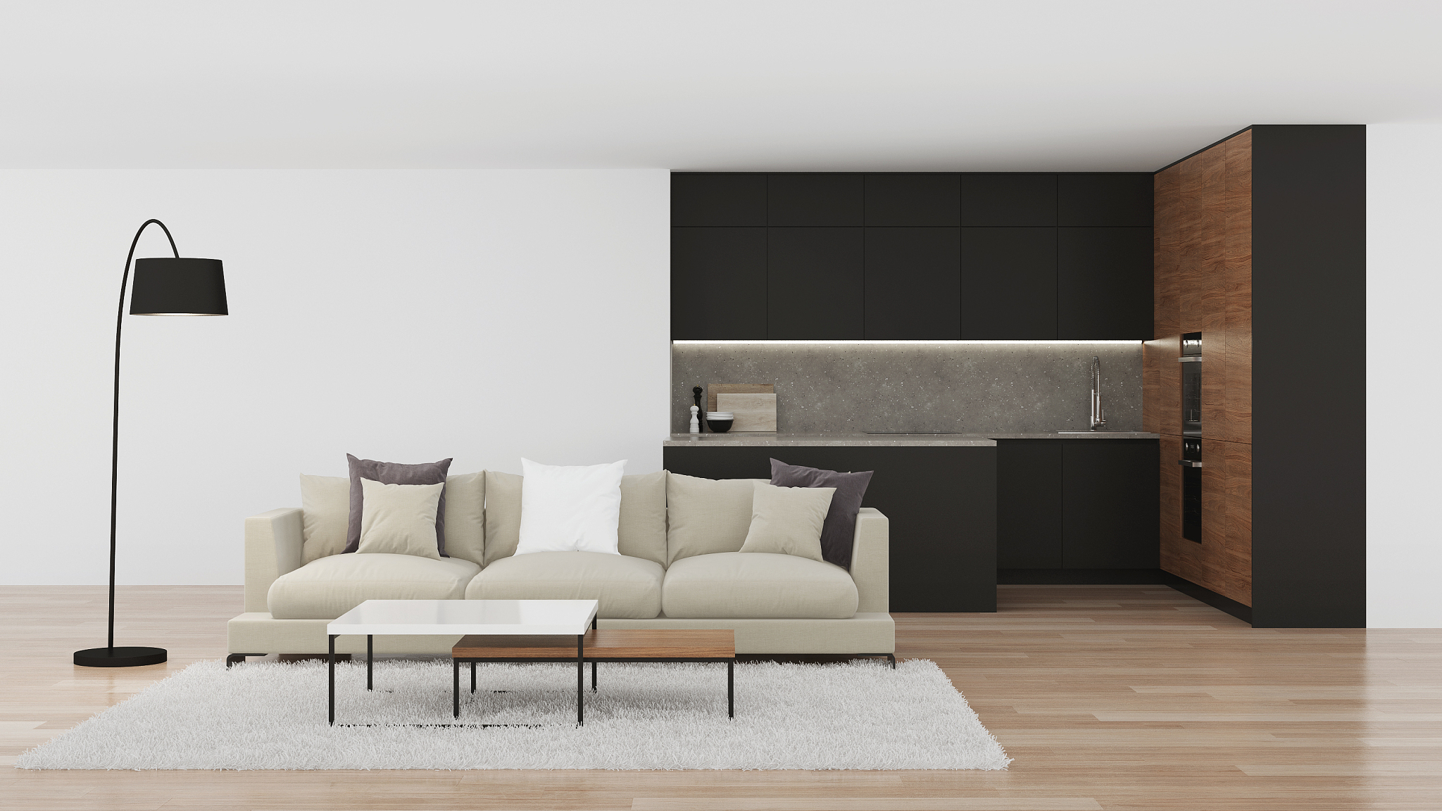 modern kitchen interior. bright interior with black kitchen. 3d 