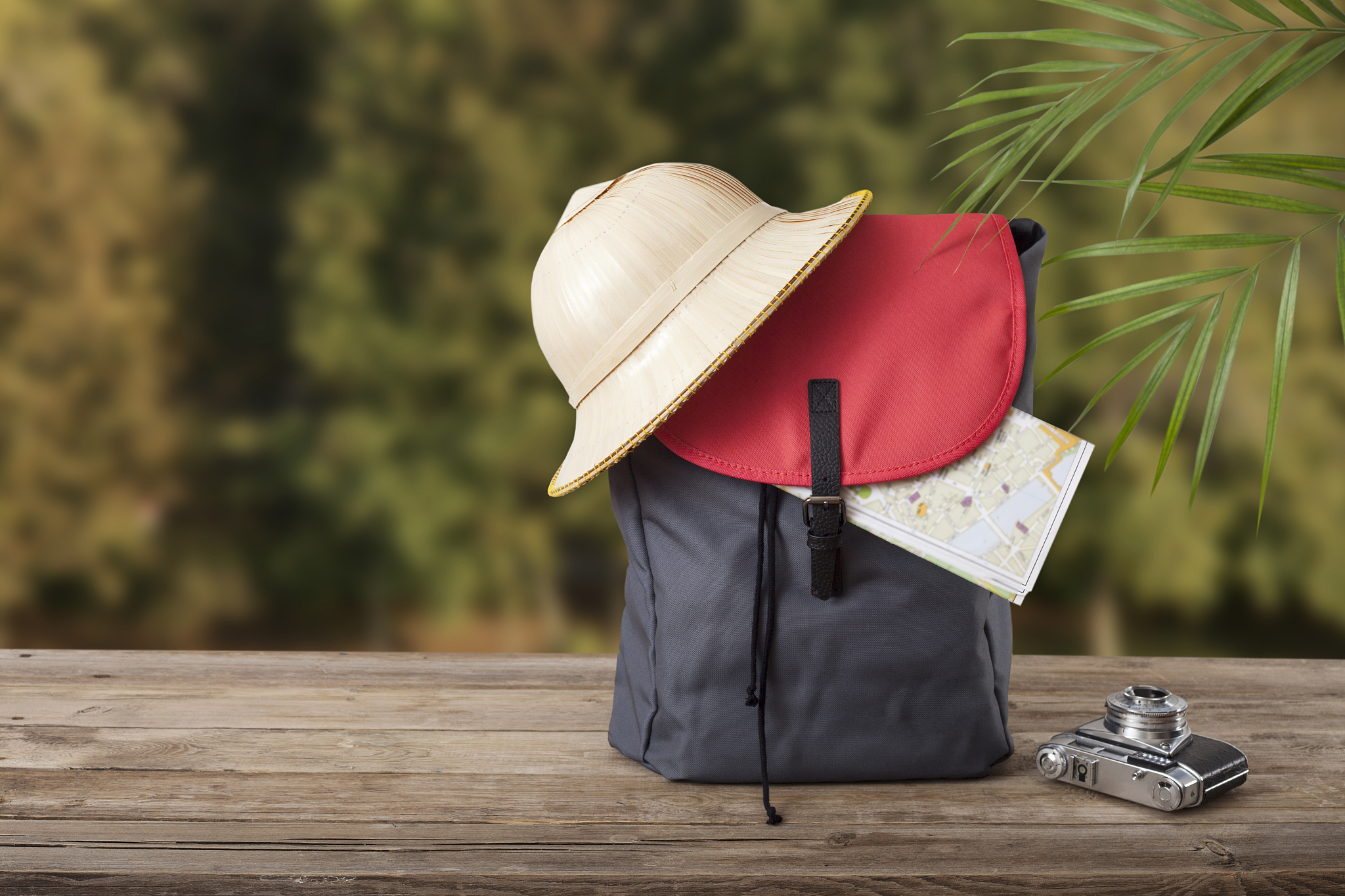 travel holiday concept backpack and hat