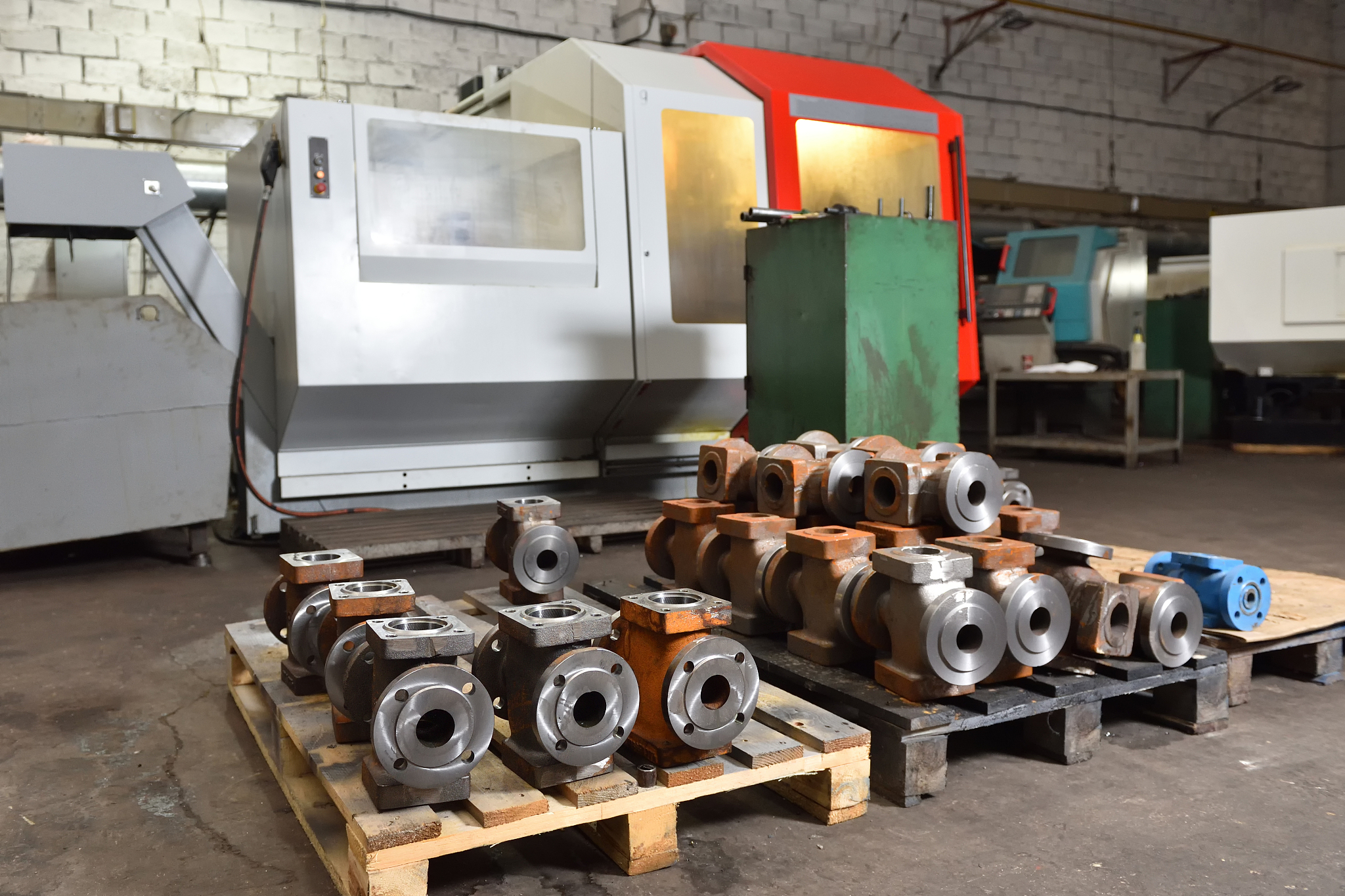 high angle view of machine parts in factory
