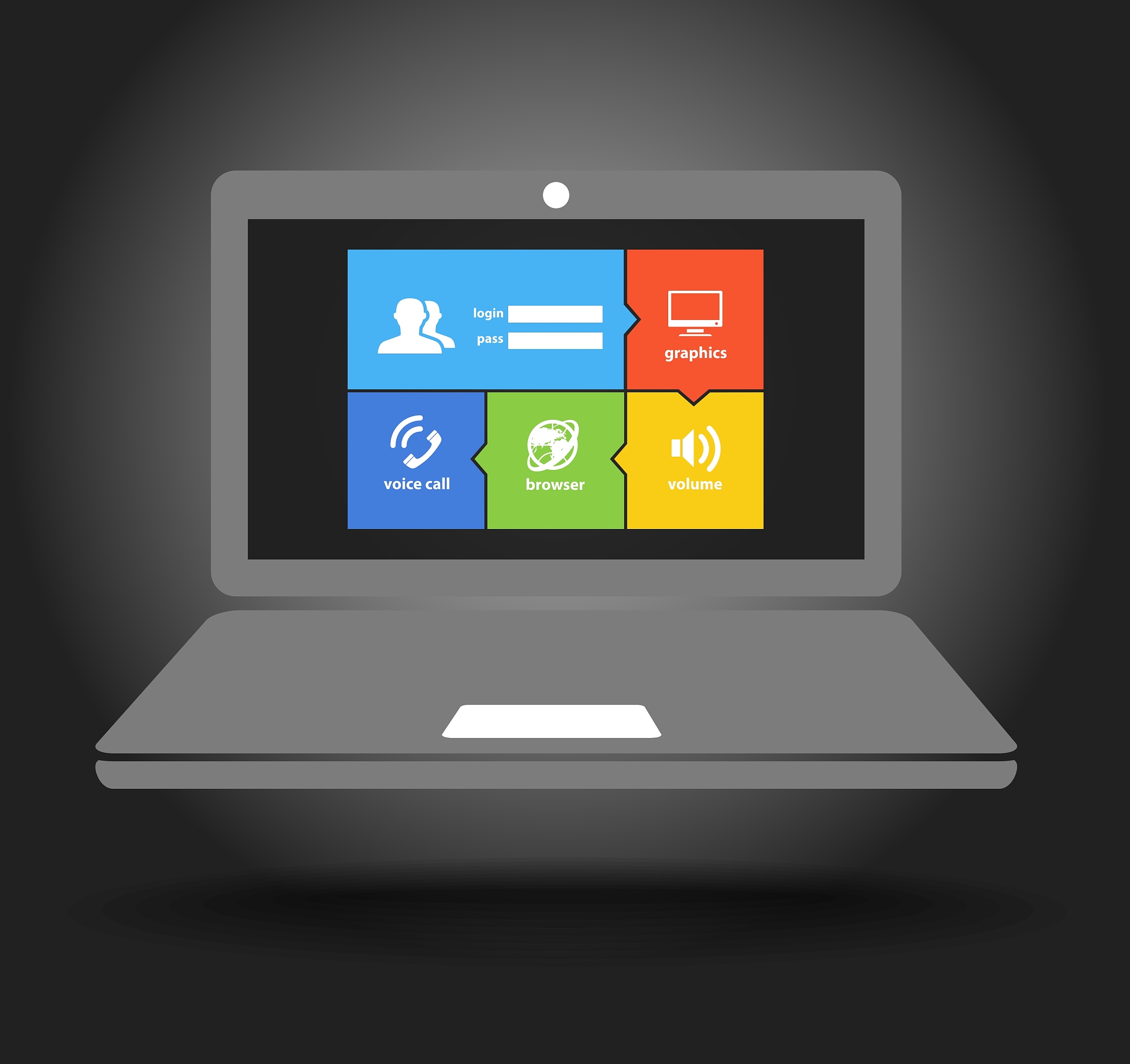 laptop display with modern color tile interface