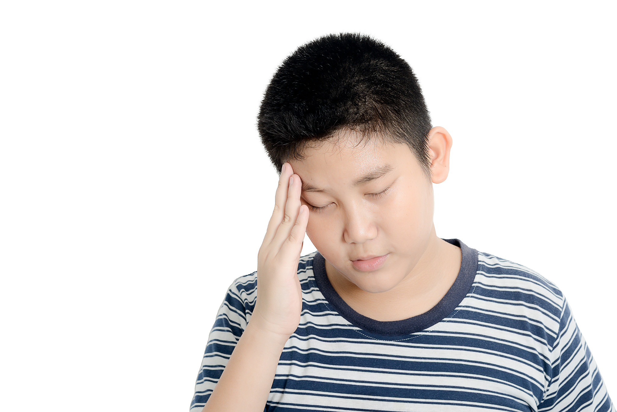 young asian preteen boy  having headache. isolated on white.