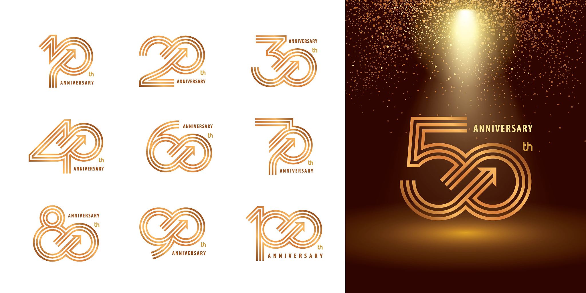 set of 10 to 100 anniversary logotype design, years celebrate an