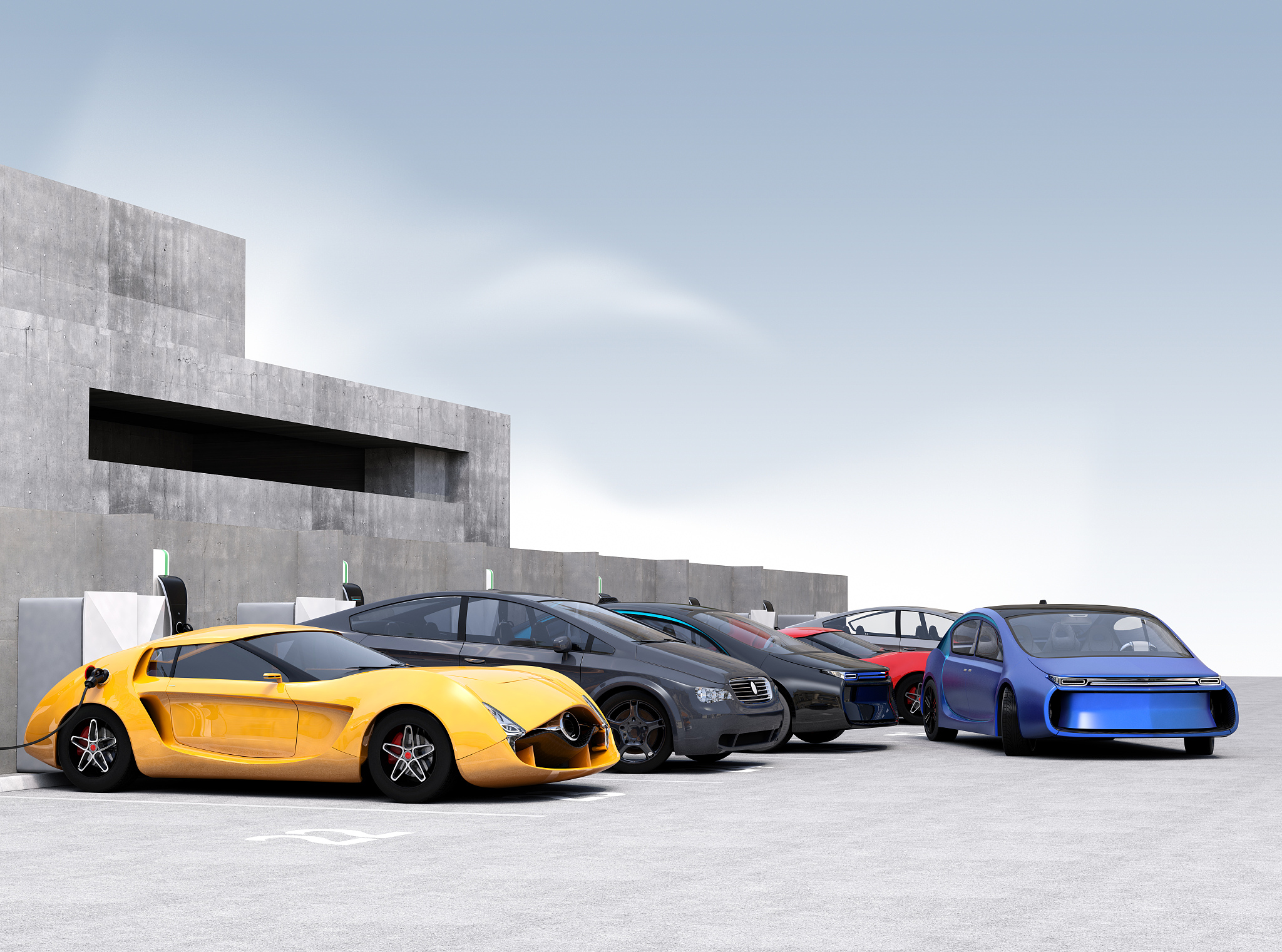 blue electric car park into parking lot.