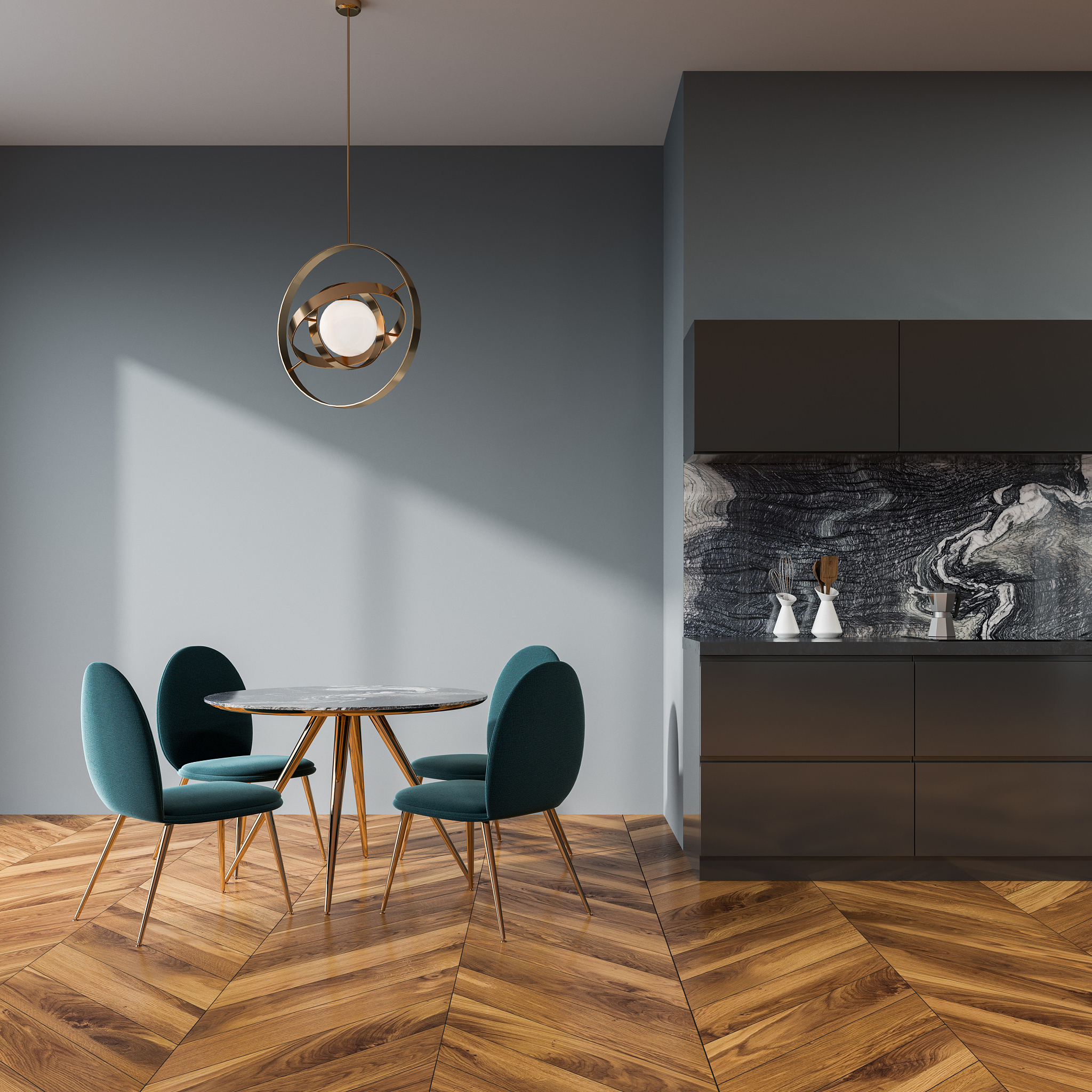 gray dining room interior, blue chairs