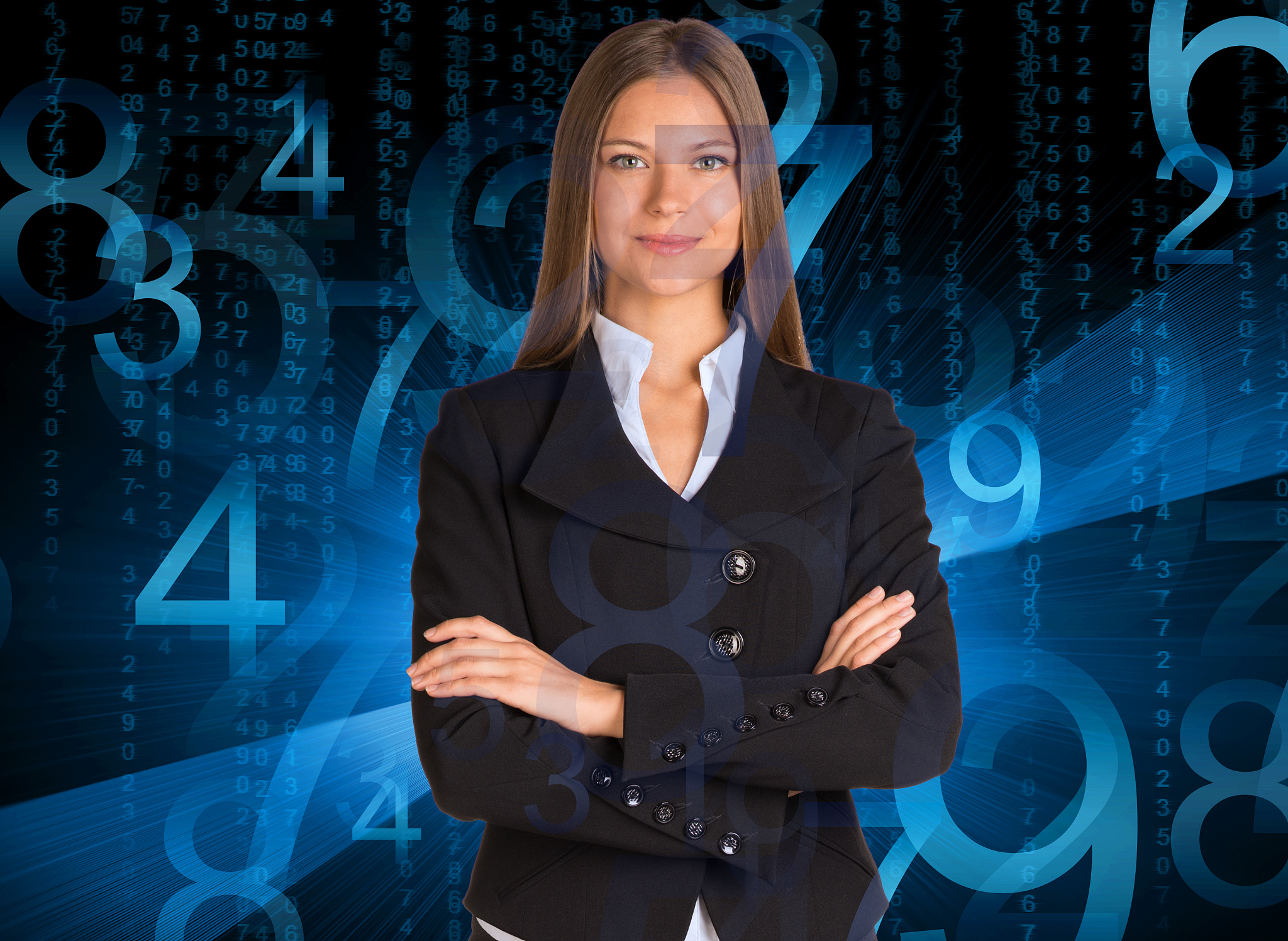 businesswoman in a suit. blue glowing figures