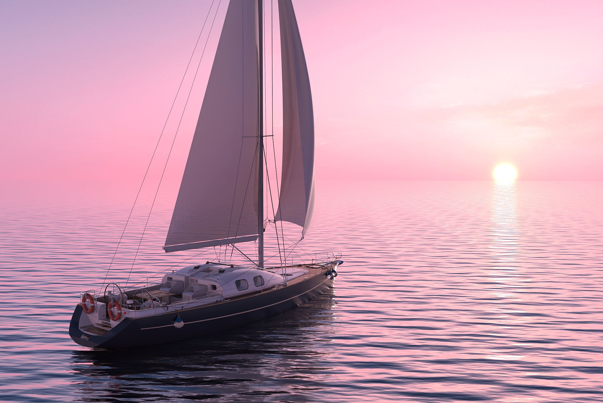 sailing on sea and sunset 3d illustration