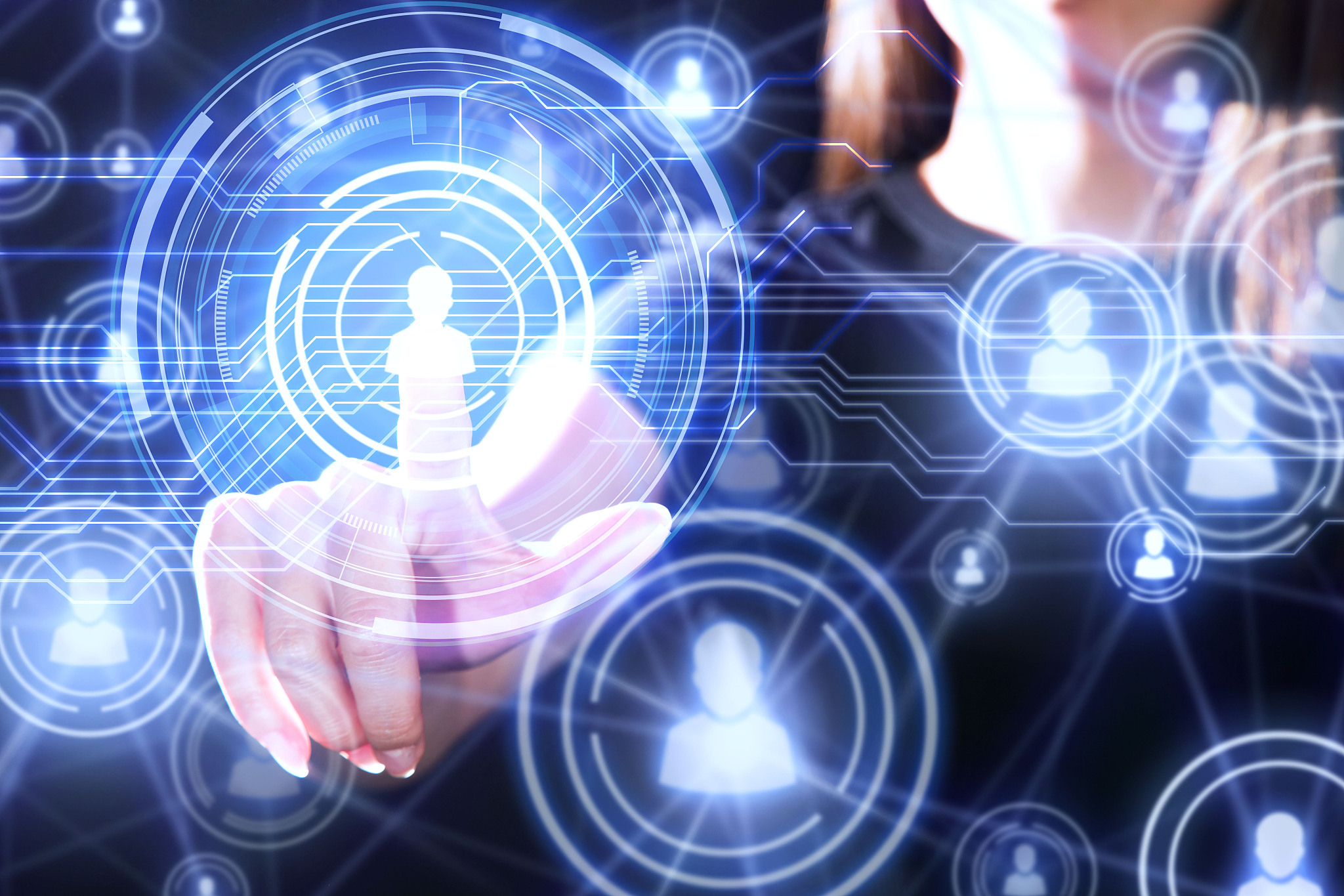 woman touching the social network connection