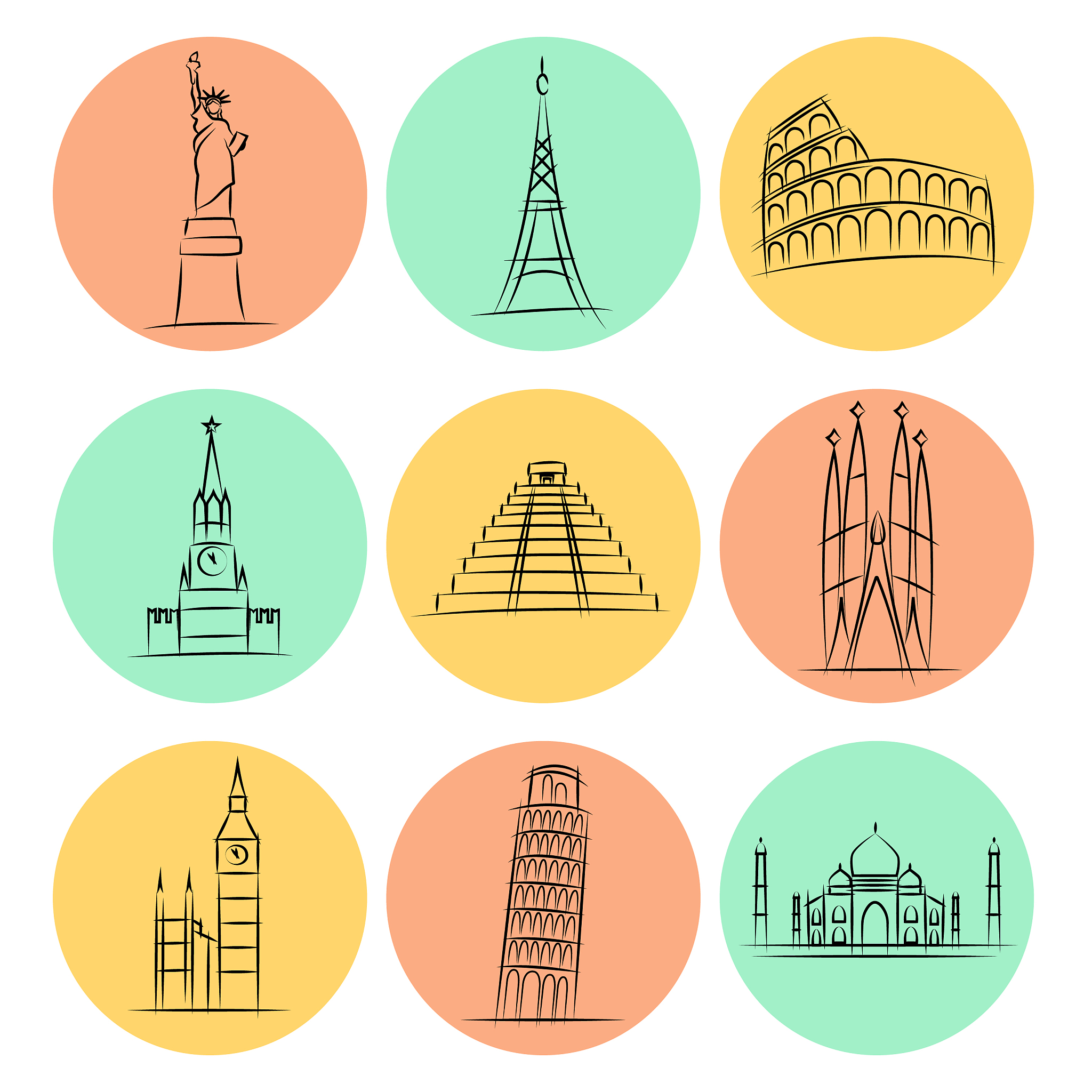 world attractions collection travel icon set