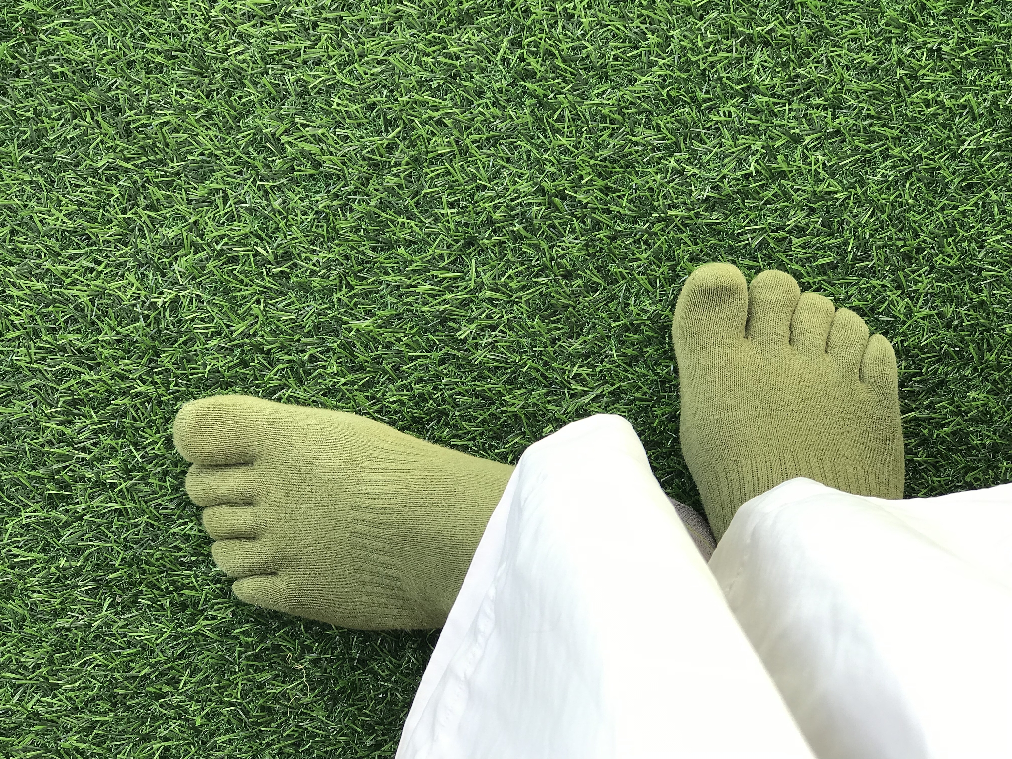 low section of person wearing socks on grass