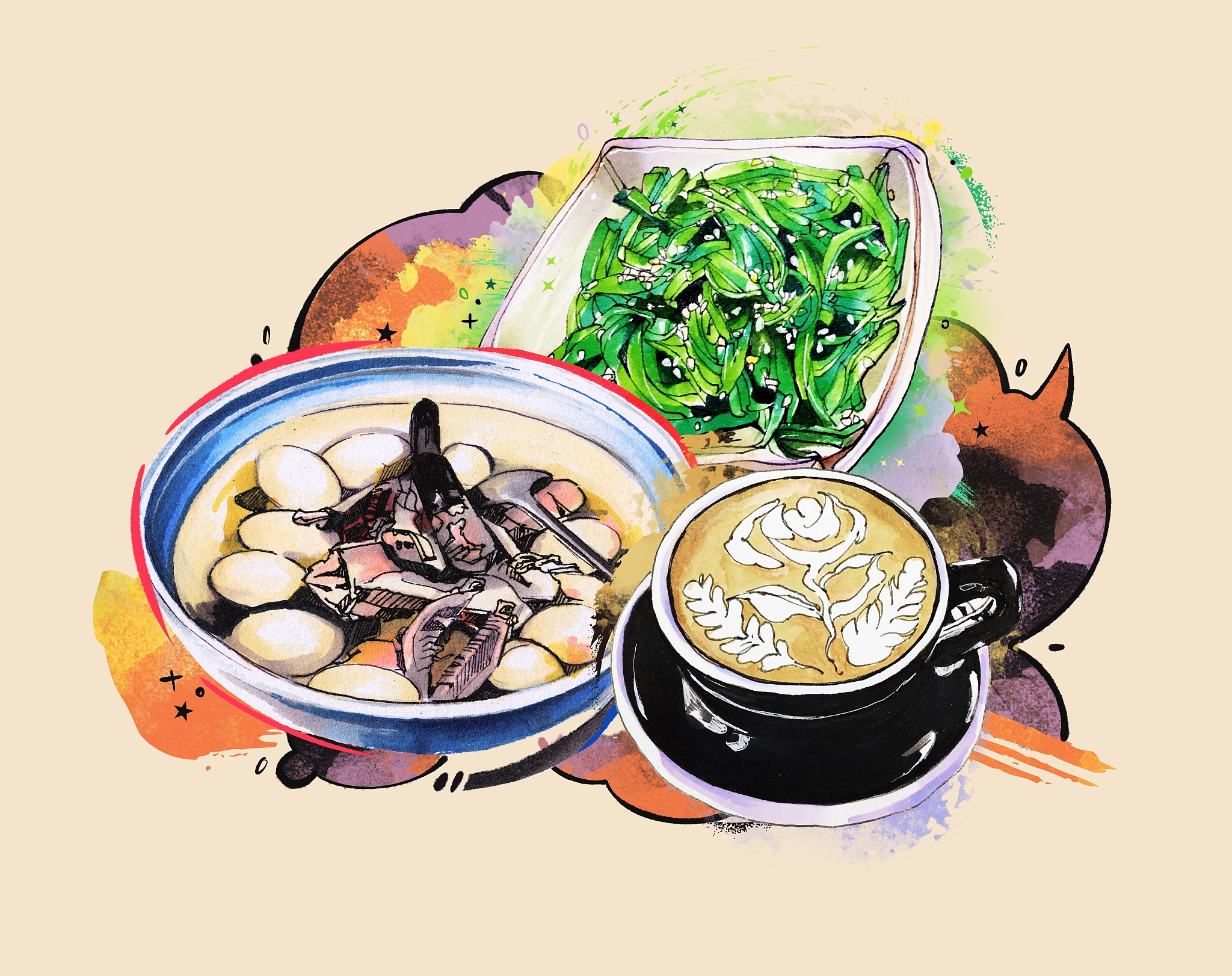 美食手绘插画  健康蔬菜绿色食品 套餐海报 海草咖啡 汤